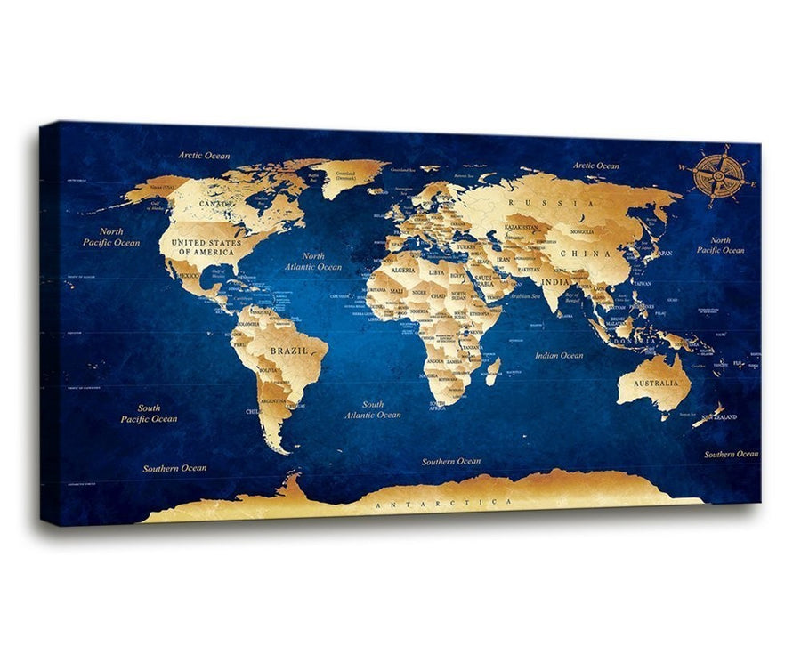 World Map Canvas Wall Art 50x100cm Blue Framed Ready to Hang