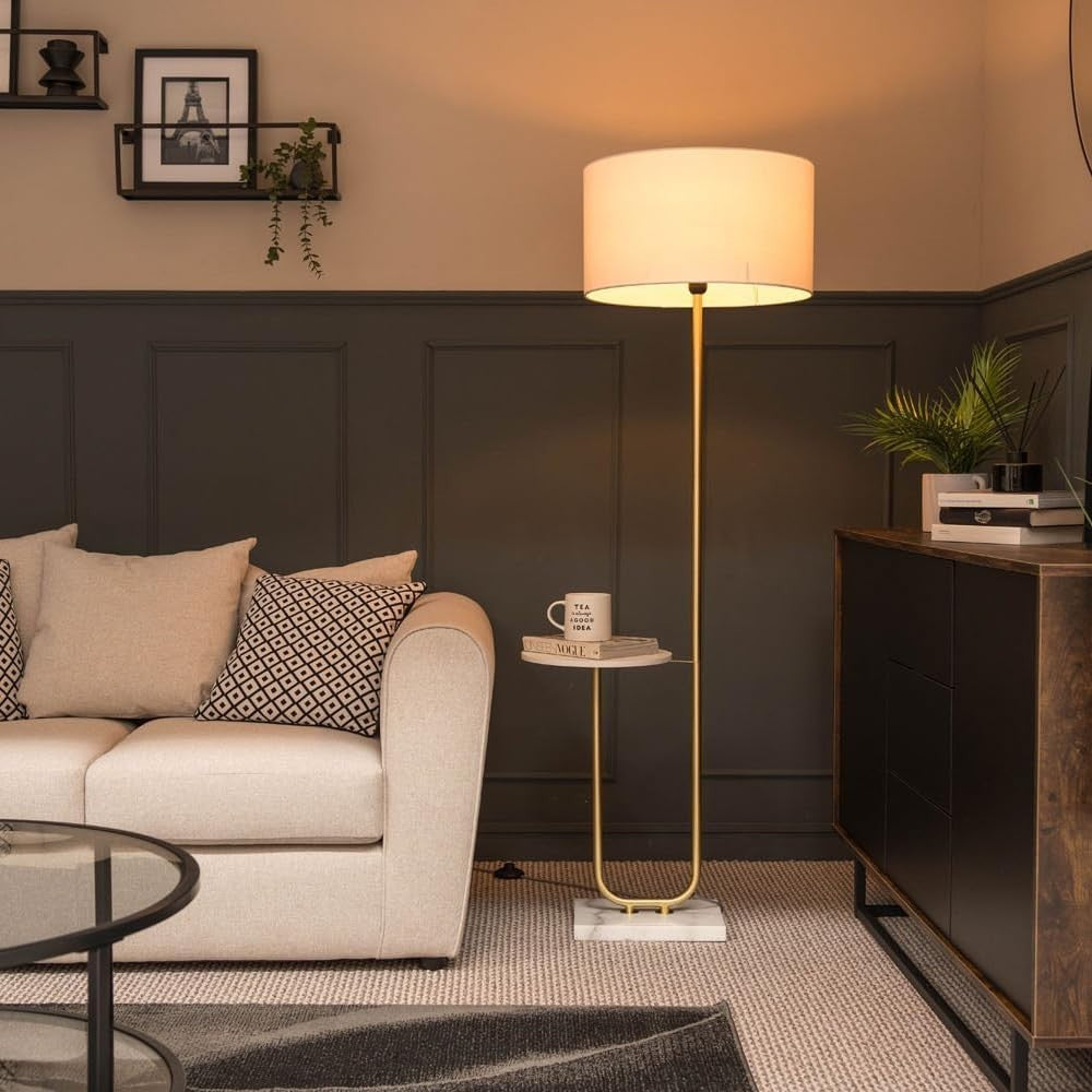 Modern Gold Floor Lamp with White Shade & Shelf | E27 Bulb Included 152cm