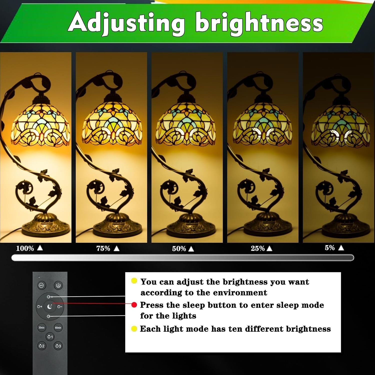 Stained Glass Table Lamp Remote Control Dimmable LED 3-Colour Light