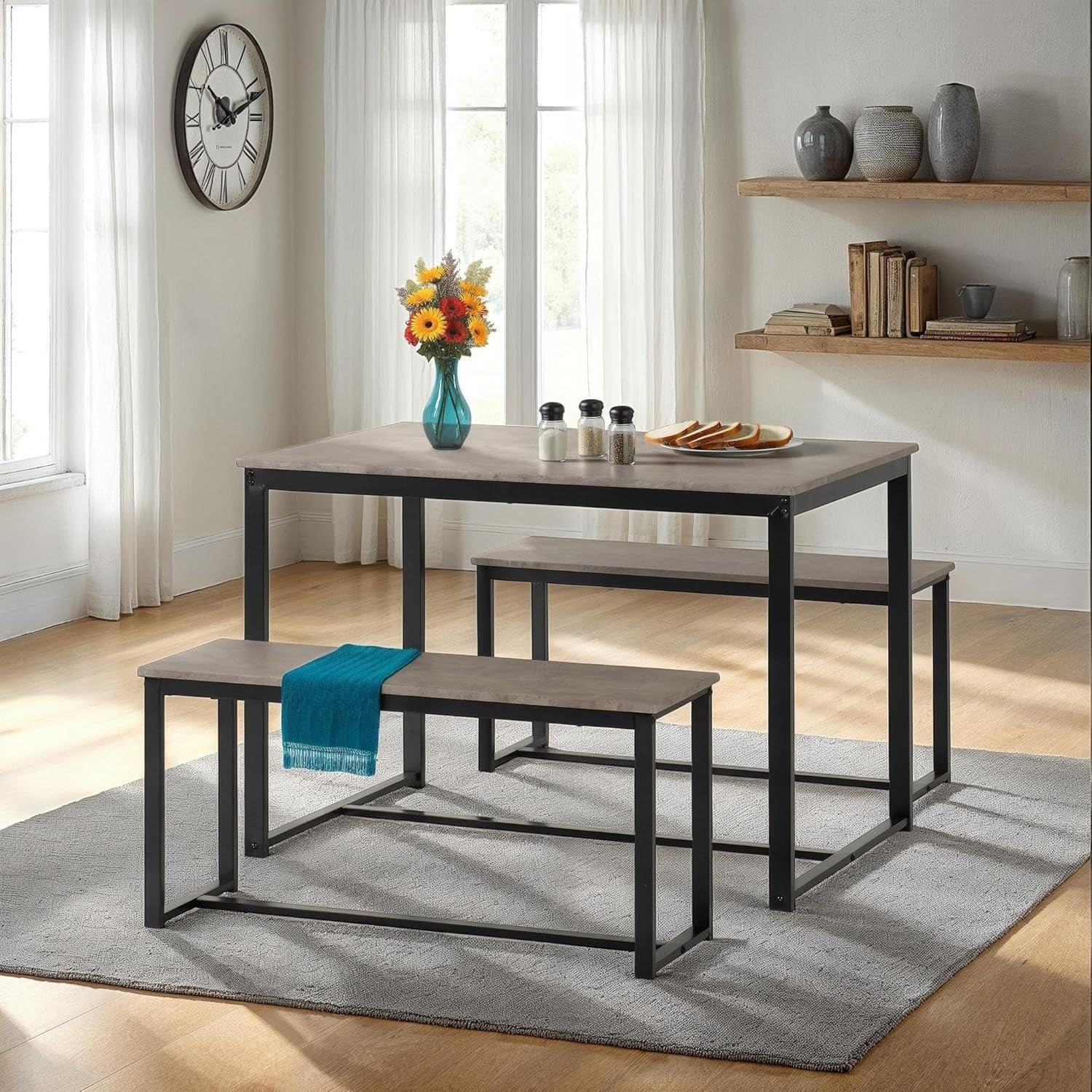 Modern 3-Piece Dining Bench & Table Set – Stone Effect, Compact & Sturdy