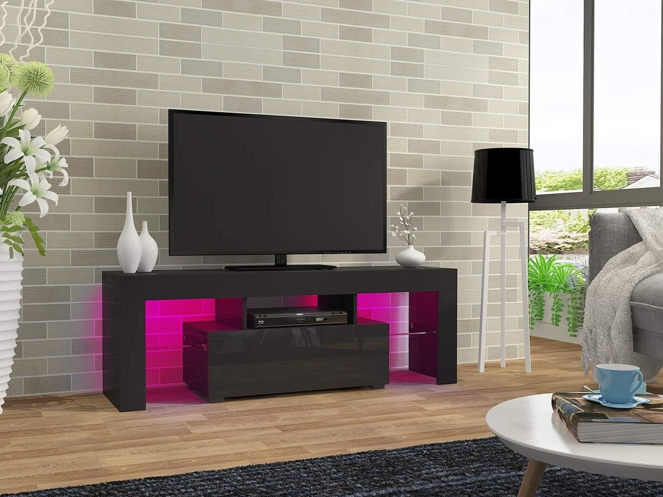 Modern LED TV Stand Cabinet for 32-55" TV RGB Lights Storage Drawer - Black