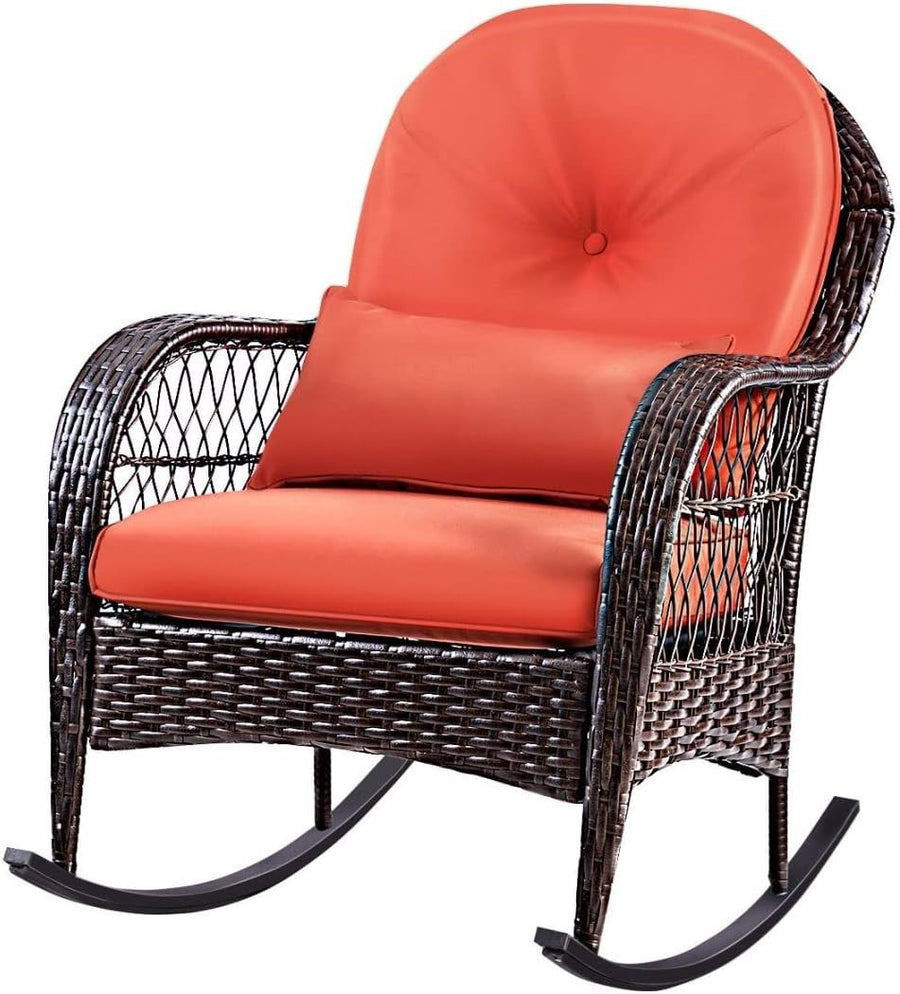 Red Rattan Rocking Chair Cushioned Patio Garden Porch Outdoor Relax Armchair