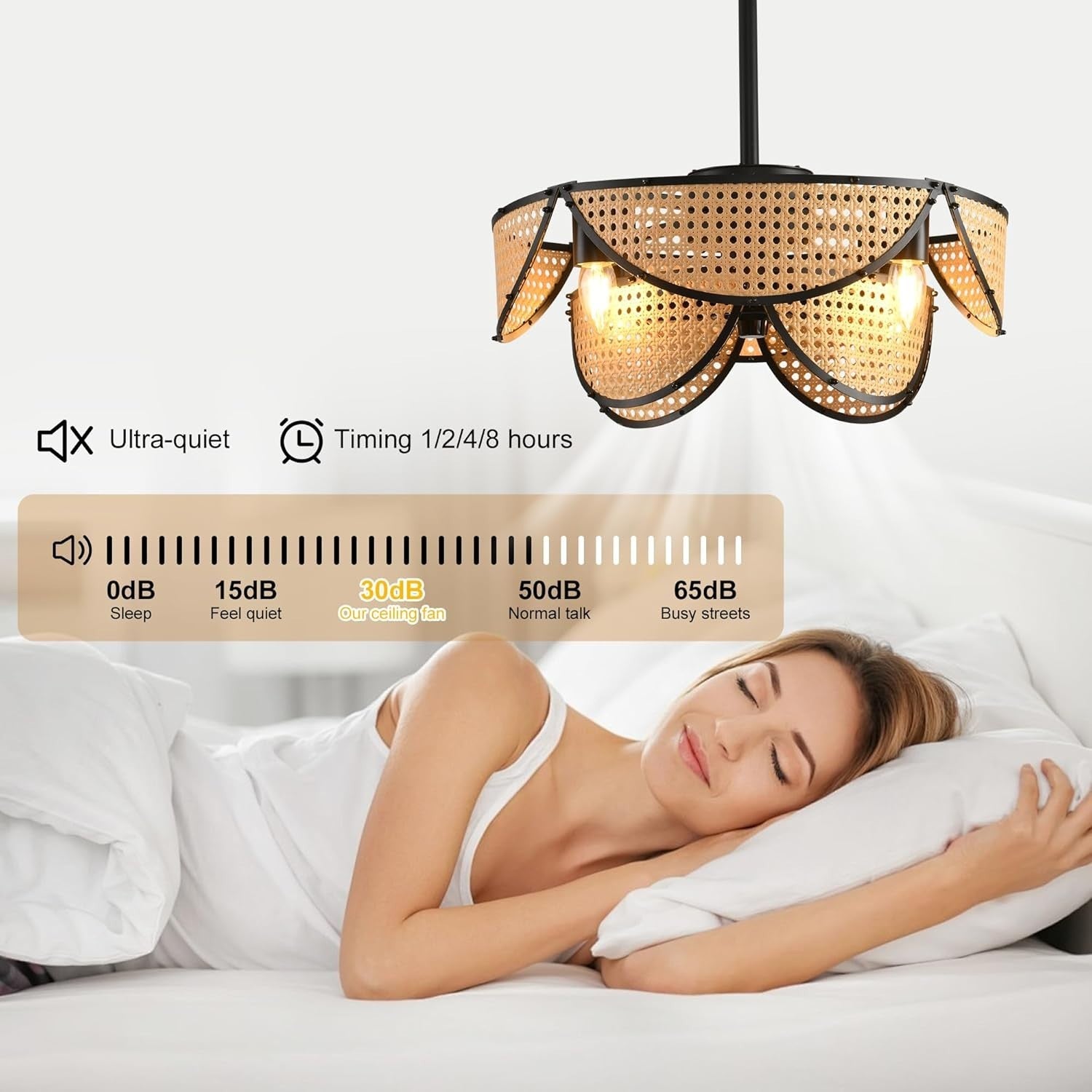 Boho Rattan Ceiling Fan Light 51CM, 6-Speed, Remote, APP, Black