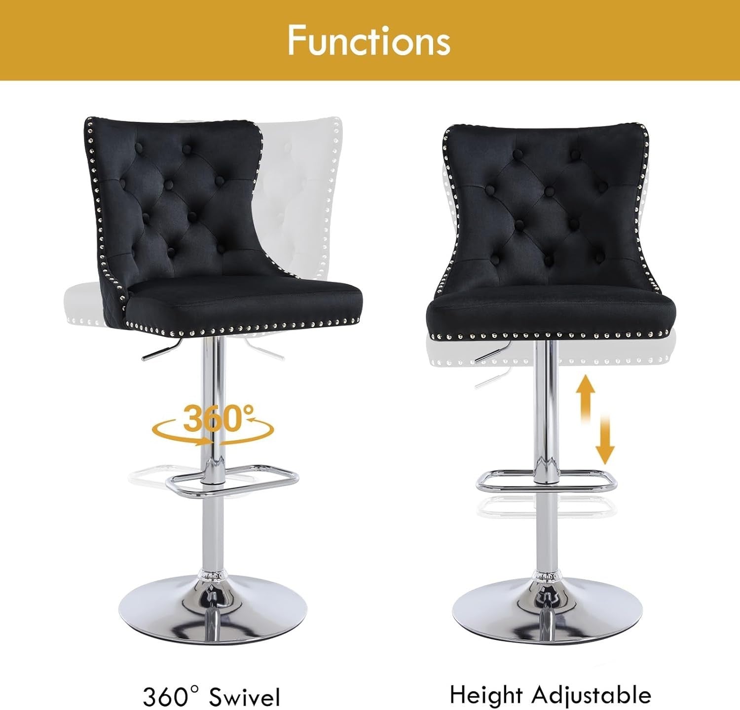 Velvet Bar Stools Set of 2 Black Chrome Legs Adjustable Swivel Chairs