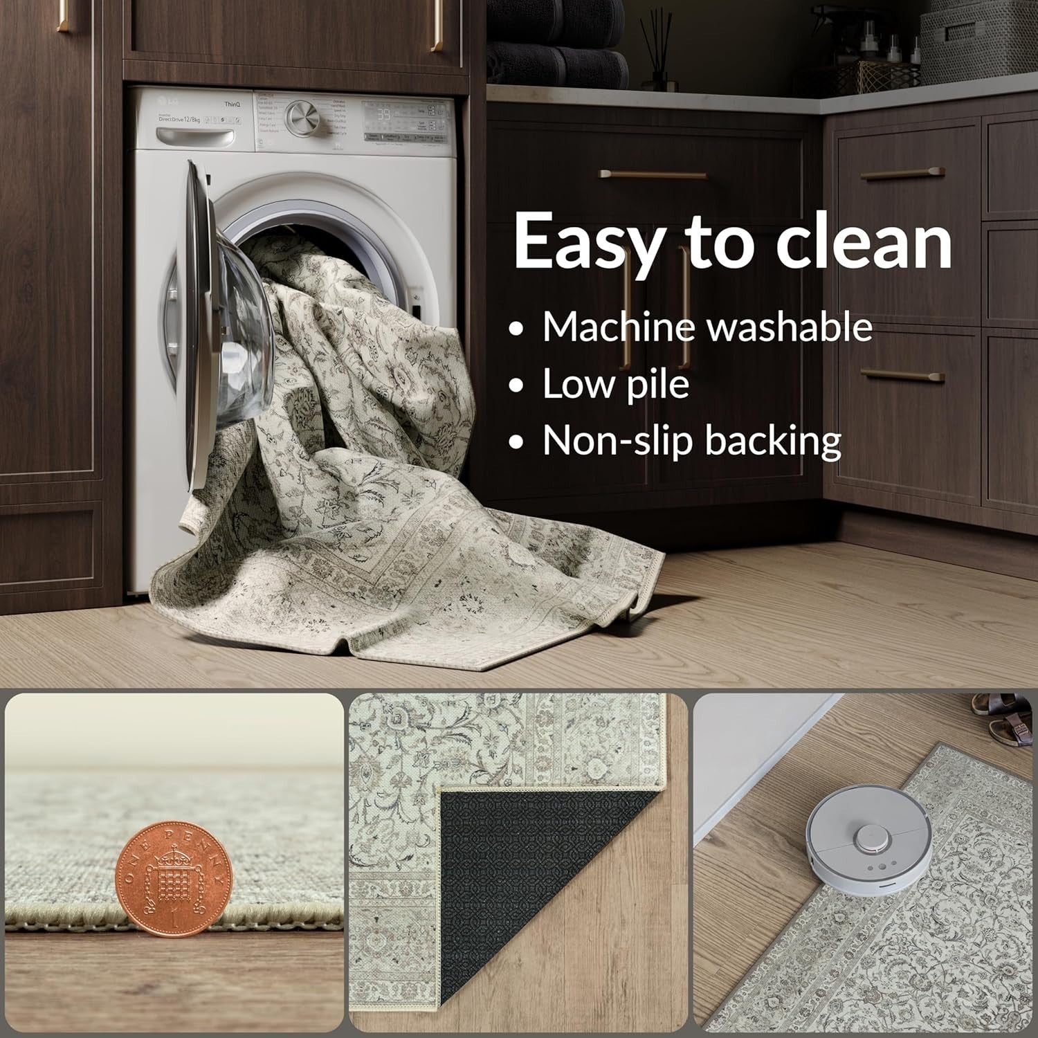 Large Washable Rug 275x366cm Non-Slip Soft Short Pile Area Carpet