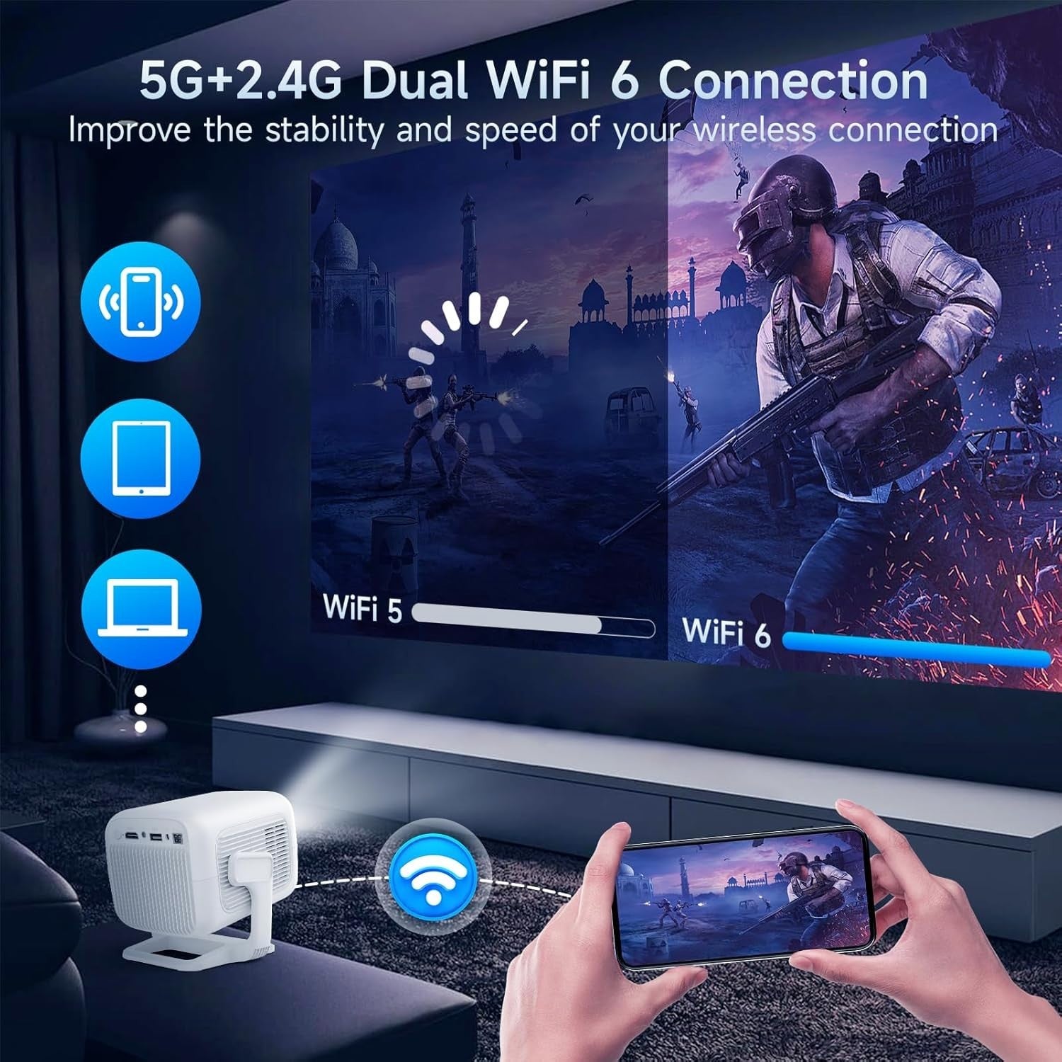 Mini 1080P Projector WiFi 6 Bluetooth Auto Keystone 4K Support Portable