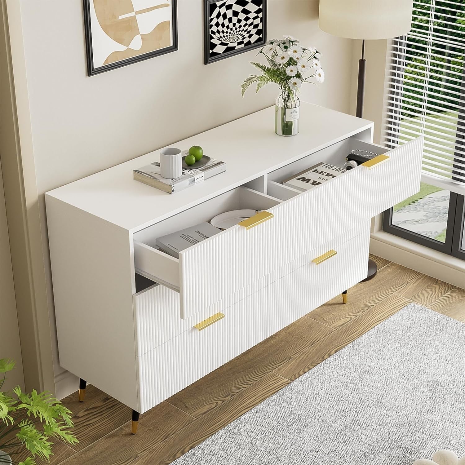 Modern White Sideboard Cabinet 6 Drawers Gold Legs Storage 120x40x77cm