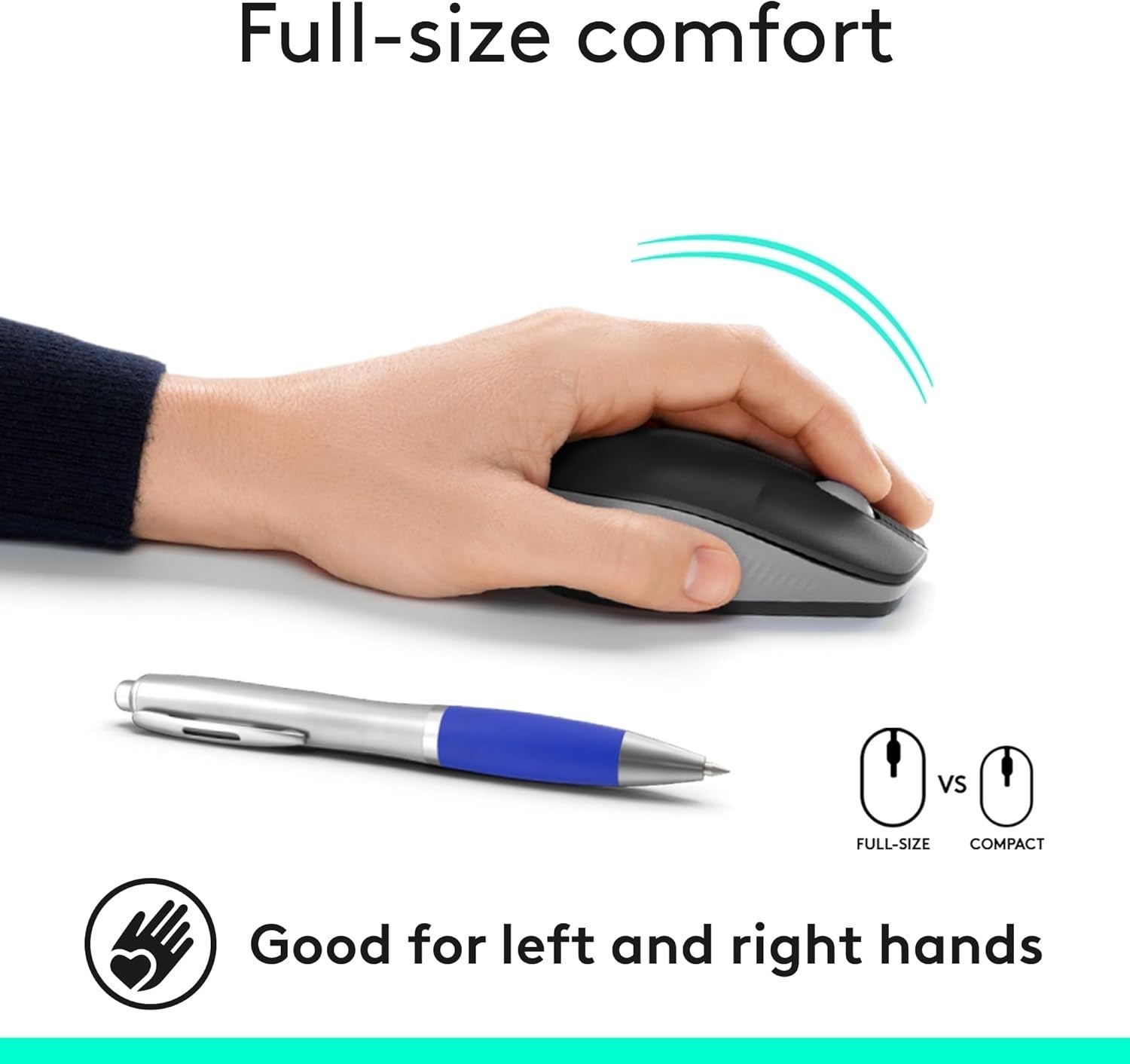Full Size Wireless Mouse USB 18 Month Battery Ambidextrous Grey