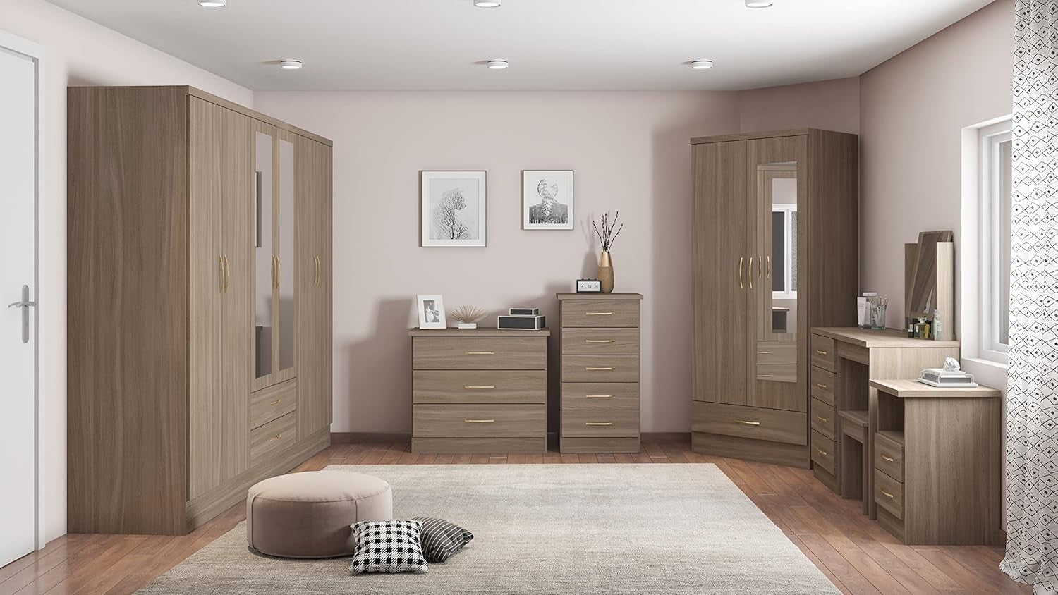 6 Door Rustic Oak Wardrobe with 2 Drawers & Mirrors – Spacious Storage Unit