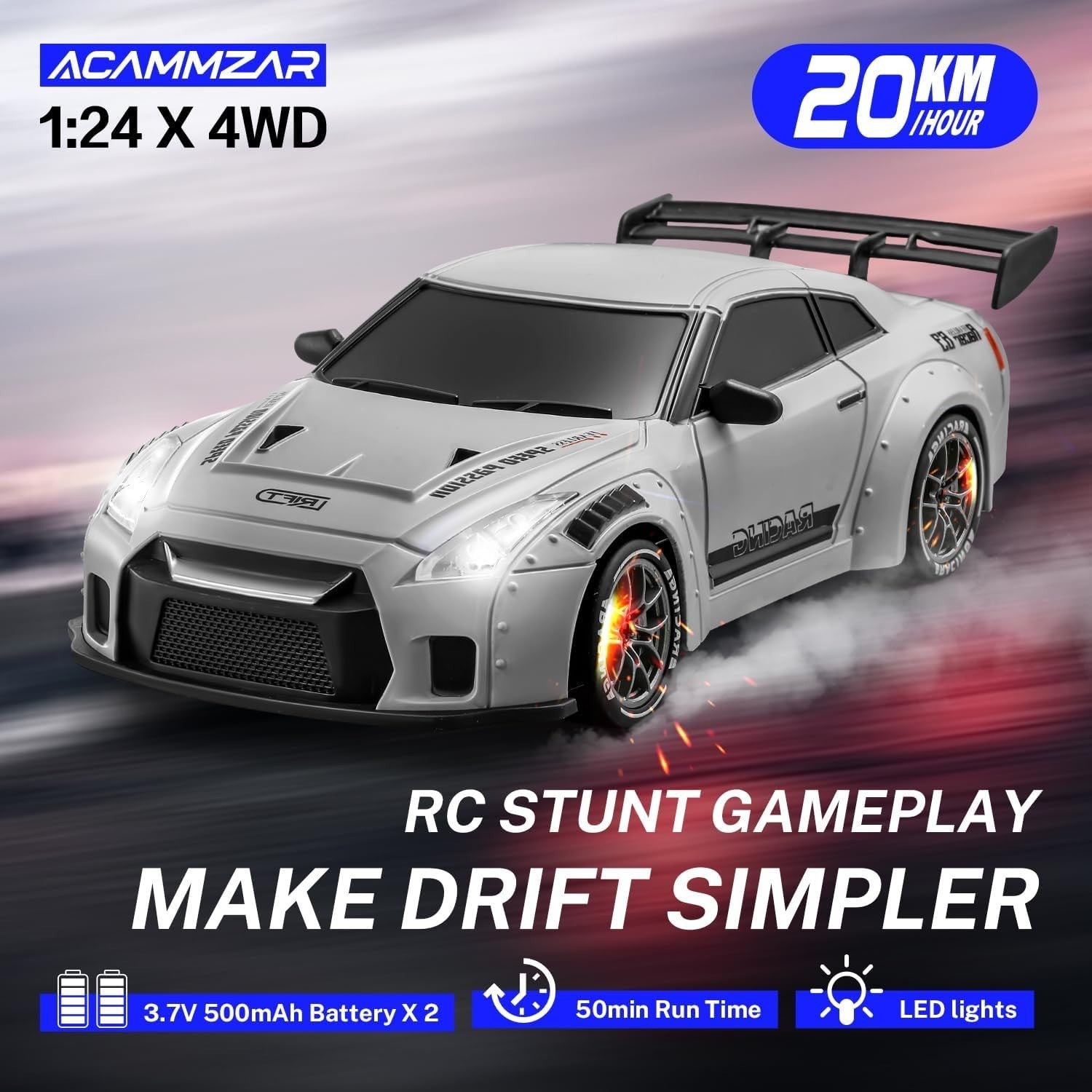 1:24 RC Drift Car 20KM/H – 4WD Remote Control Toy with LED Lights & Extra Tires
