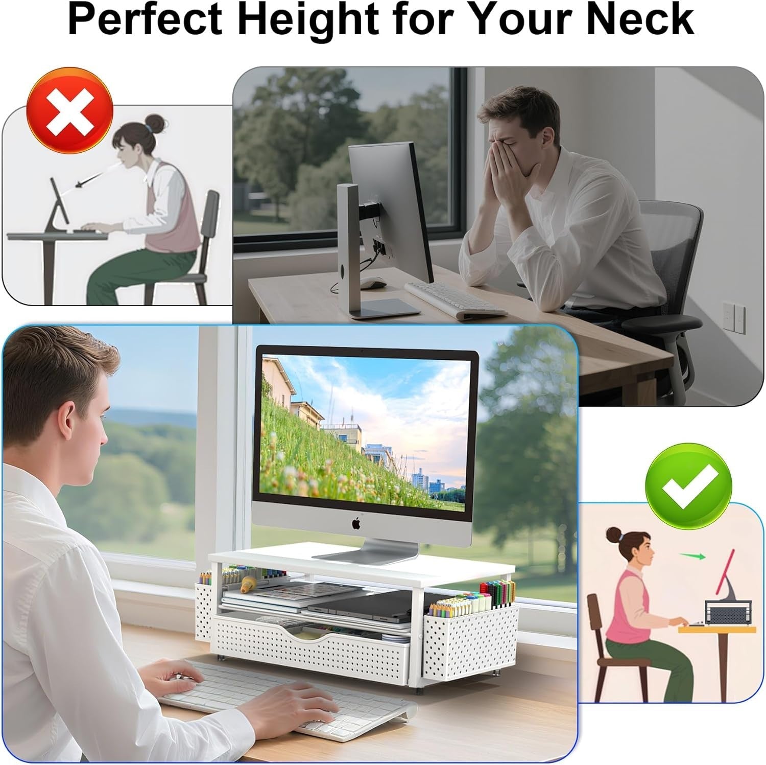Ergonomic Desk Organizer & Monitor Stand with Drawer & Pen Holders