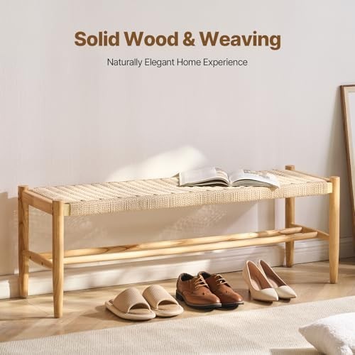 Natural Rattan Wooden Bench with Oak Legs, Handwoven Seat & Shoe Storage