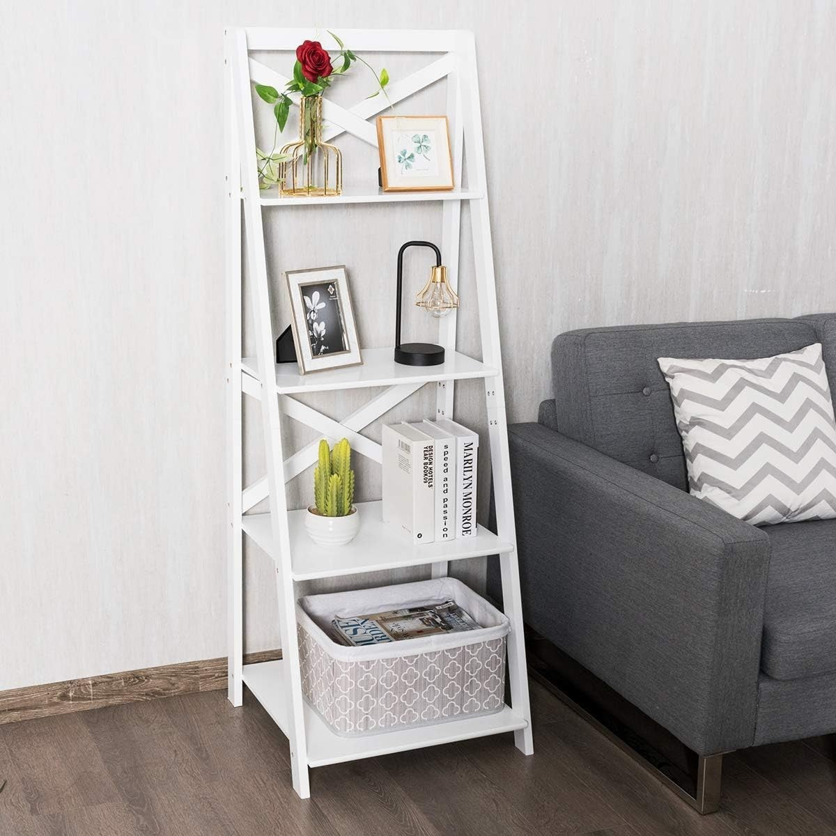 4 Tier Ladder Shelf Bookcase Leaning Display Storage Unit White