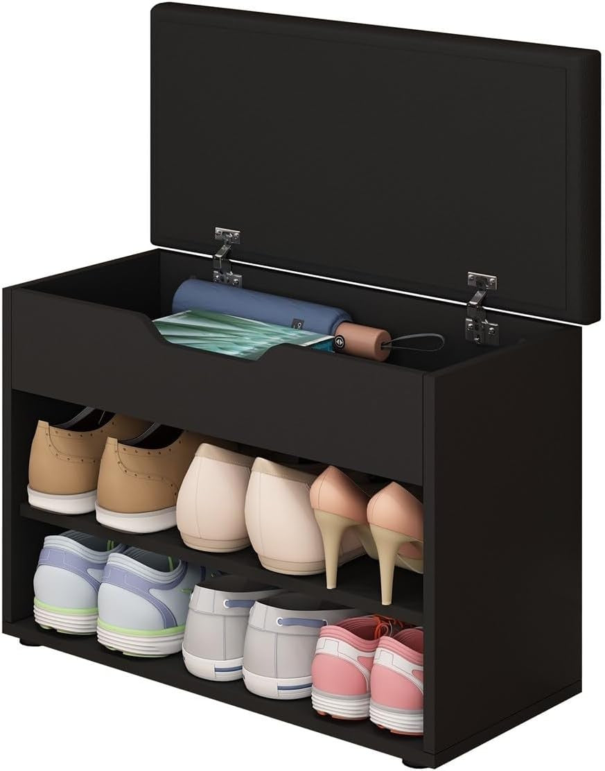 Black Shoe Storage Bench with Cushion 2-Tier Slim Shoe Rack 60×30×47cm