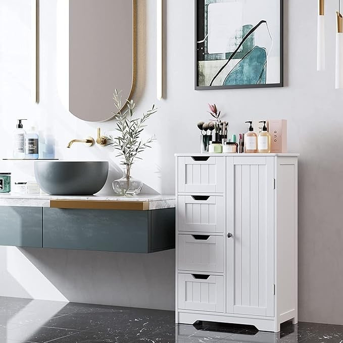 White Wooden Bathroom Cabinet with 4 Drawers & 1 Door, Floor Storage Cupboard