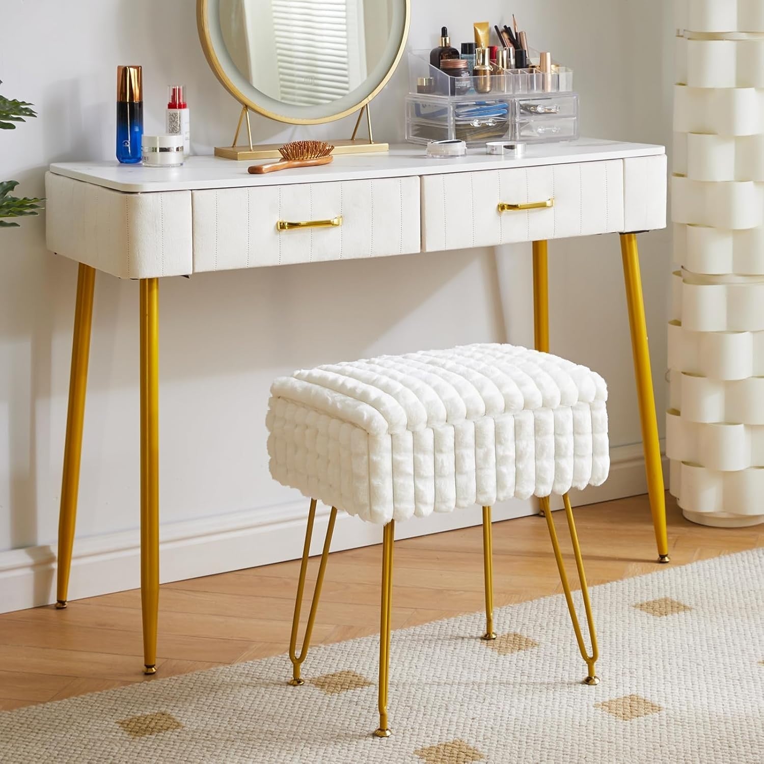 Creamy-White Velvet Round Vanity Stool with Golden Steel Legs