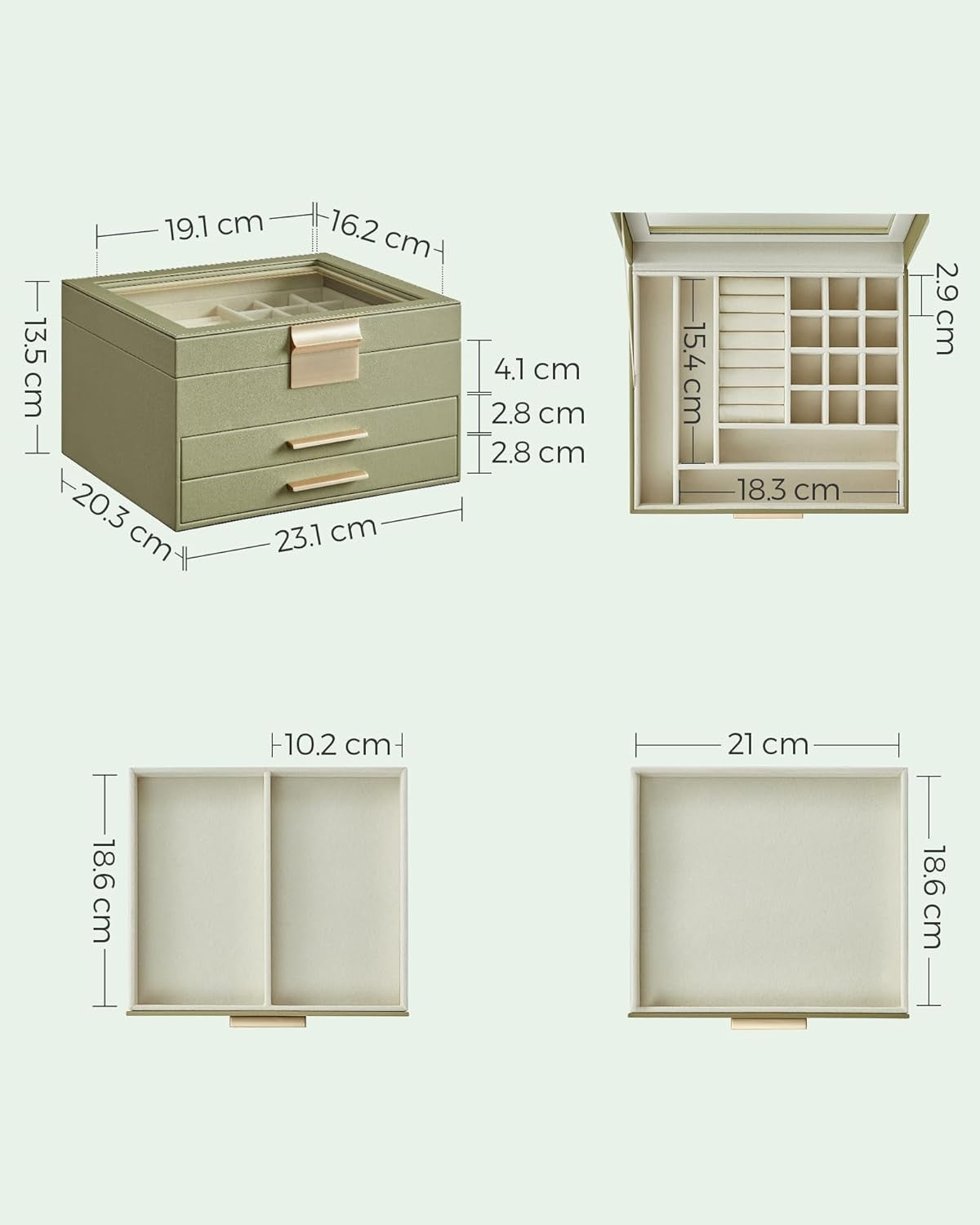 Avocado Green Gold Jewellery Box Glass Lid 3 Tier Organizer with Drawers