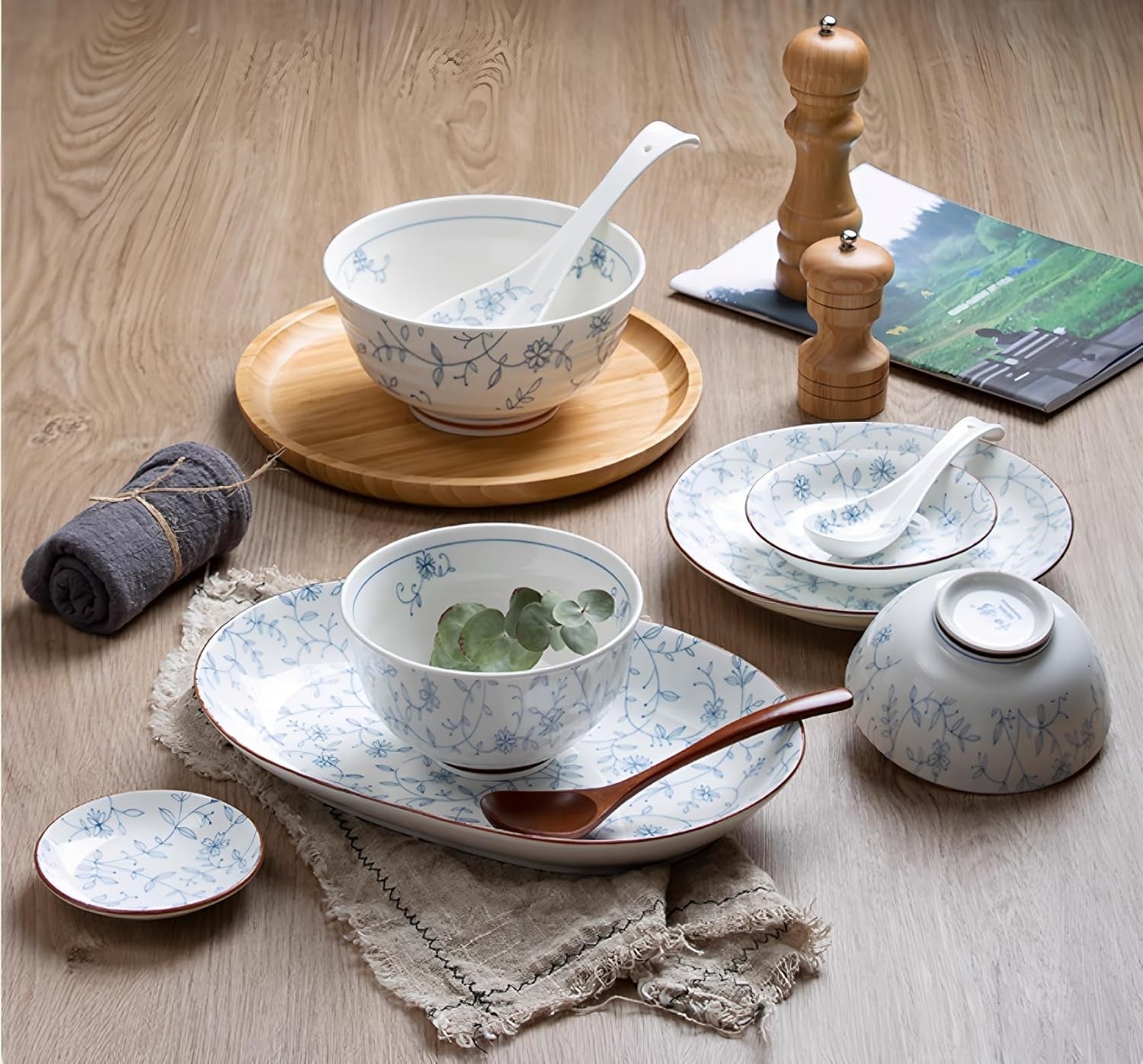 8pc Ceramic Dinnerware Set Plates Bowls Cups Blue Floral Dishwasher Safe