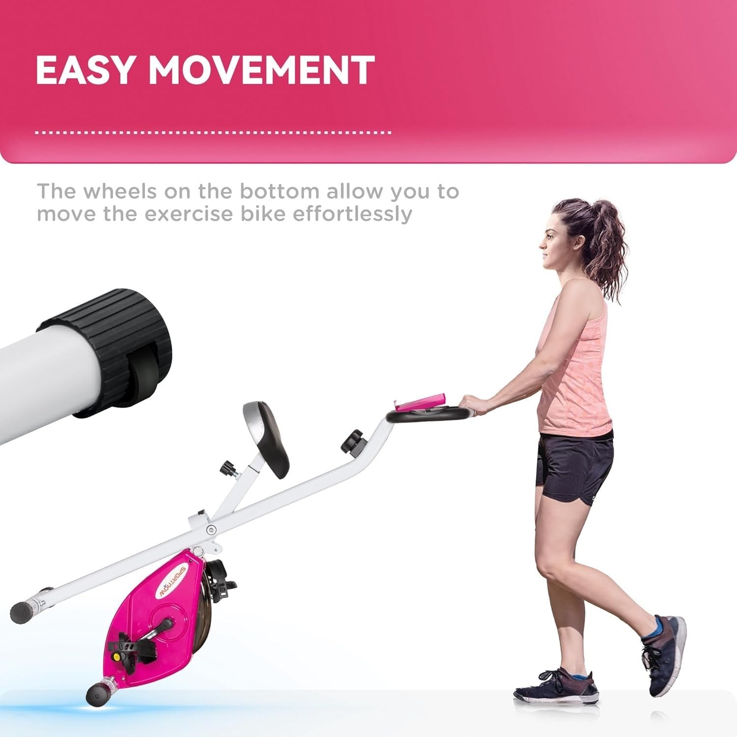Pink Foldable Exercise Bike Quiet 8-Level Magnetic LCD Pulse Home Workout