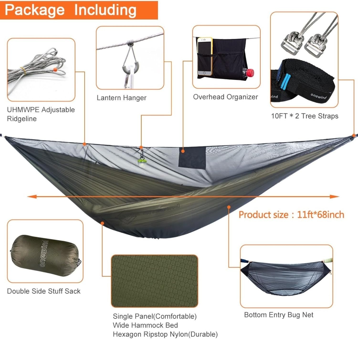 Camping Hammock w/ Mosquito Net 500lbs 11FT | Lightweight, Ripstop Nylon