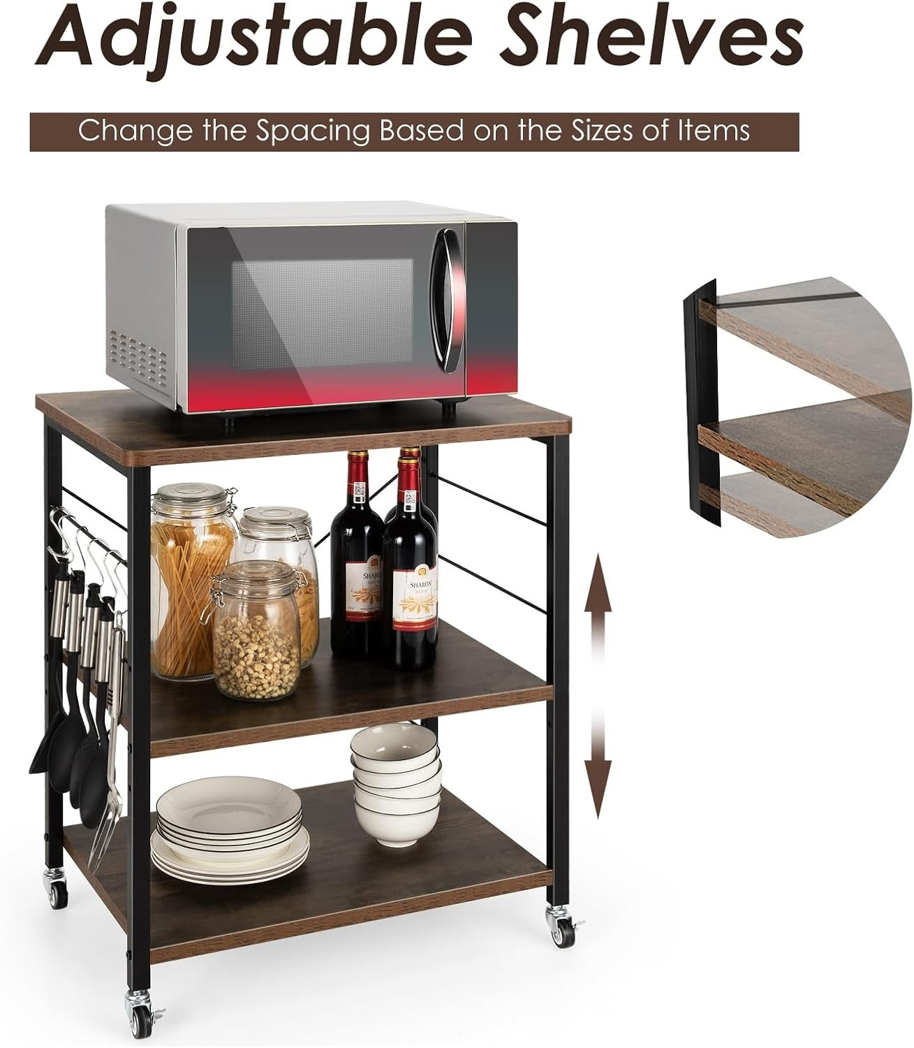 Kitchen Bakers Rack Rolling Cart Microwave Stand 3 Tier Shelves Wheels