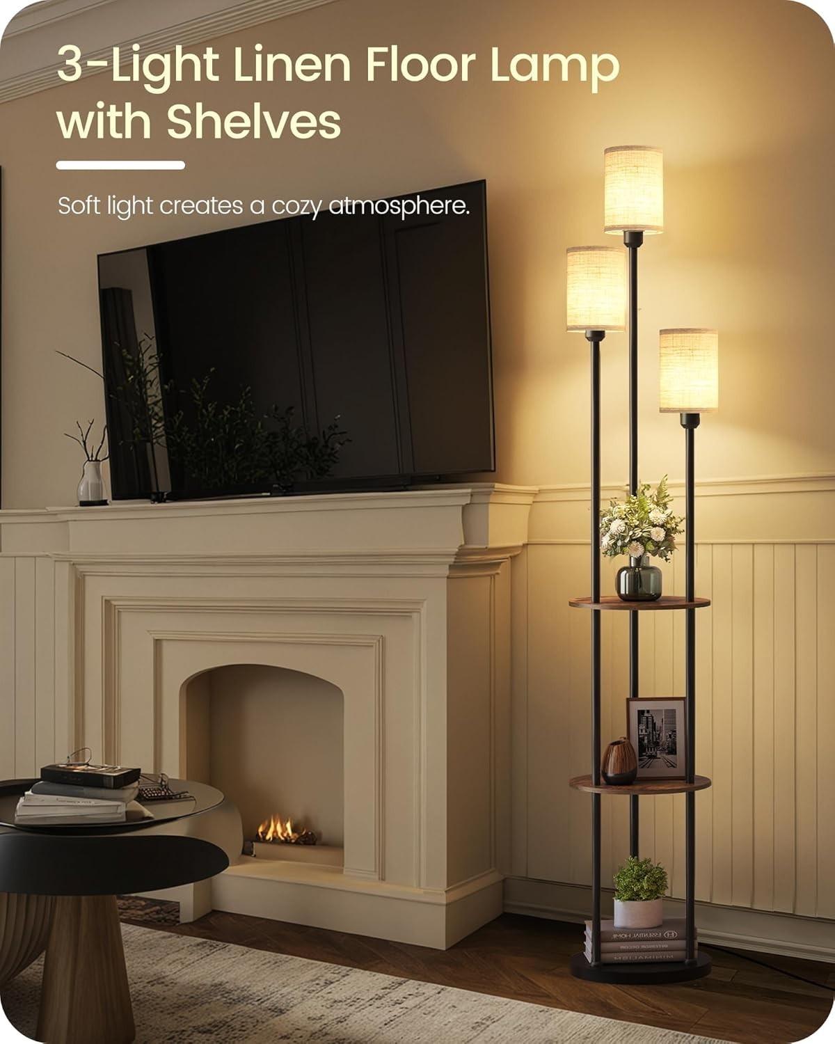 Industrial Floor Lamp with Shelves 3 Light Linen Shades Standing Lamp