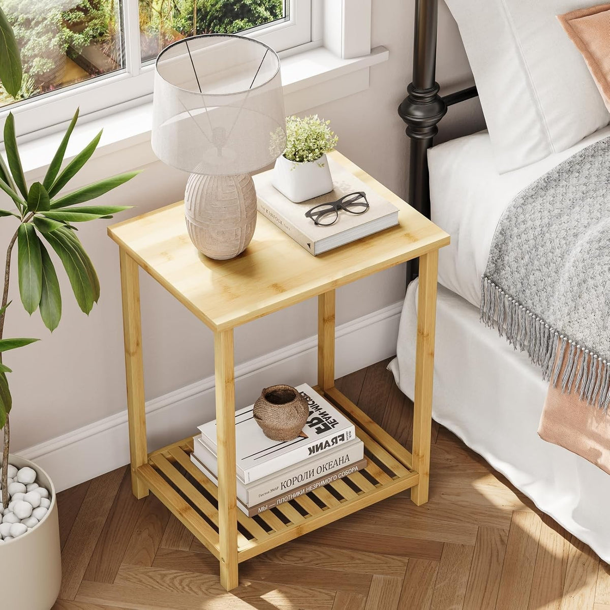 2-Tier Bamboo End Table, Narrow Nightstand, Space-Saving Sofa Side Table