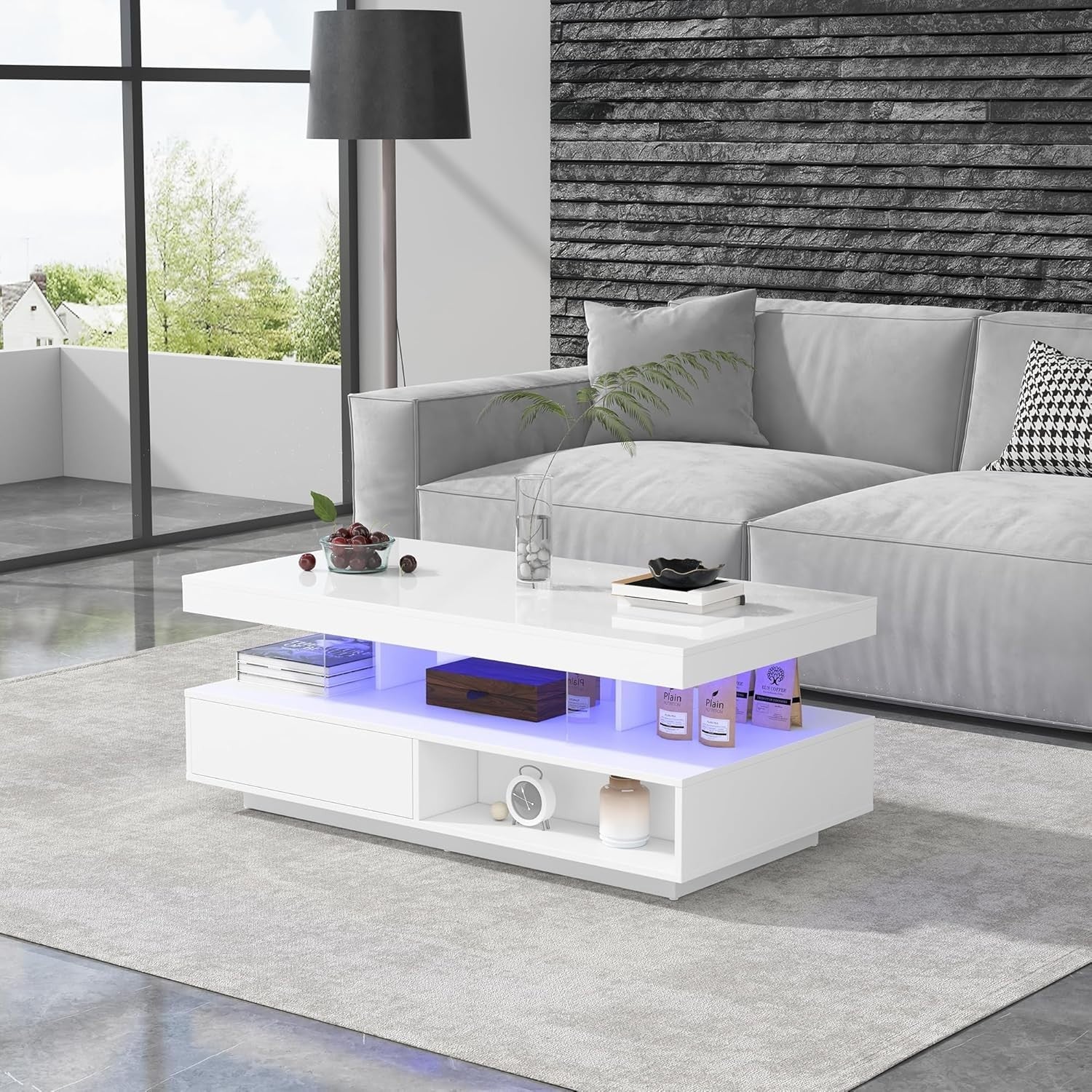 Modern High Gloss Coffee Table with 2 Drawers & Bluetooth LED, 95x50x42.5cm