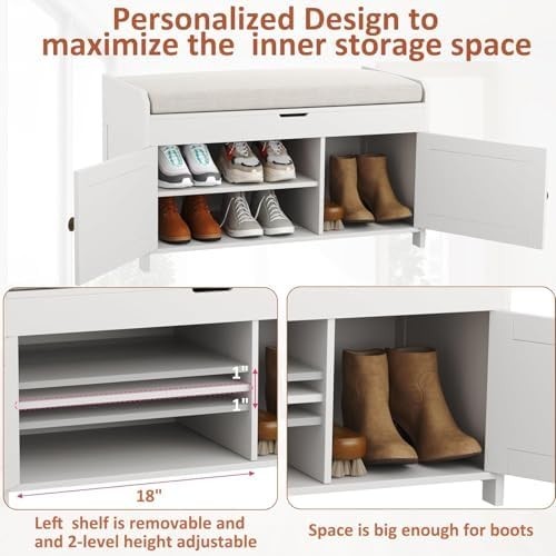 White Shoe Storage Bench with Cushion Seat 2-Door Cabinet Entryway 76x39x46cm
