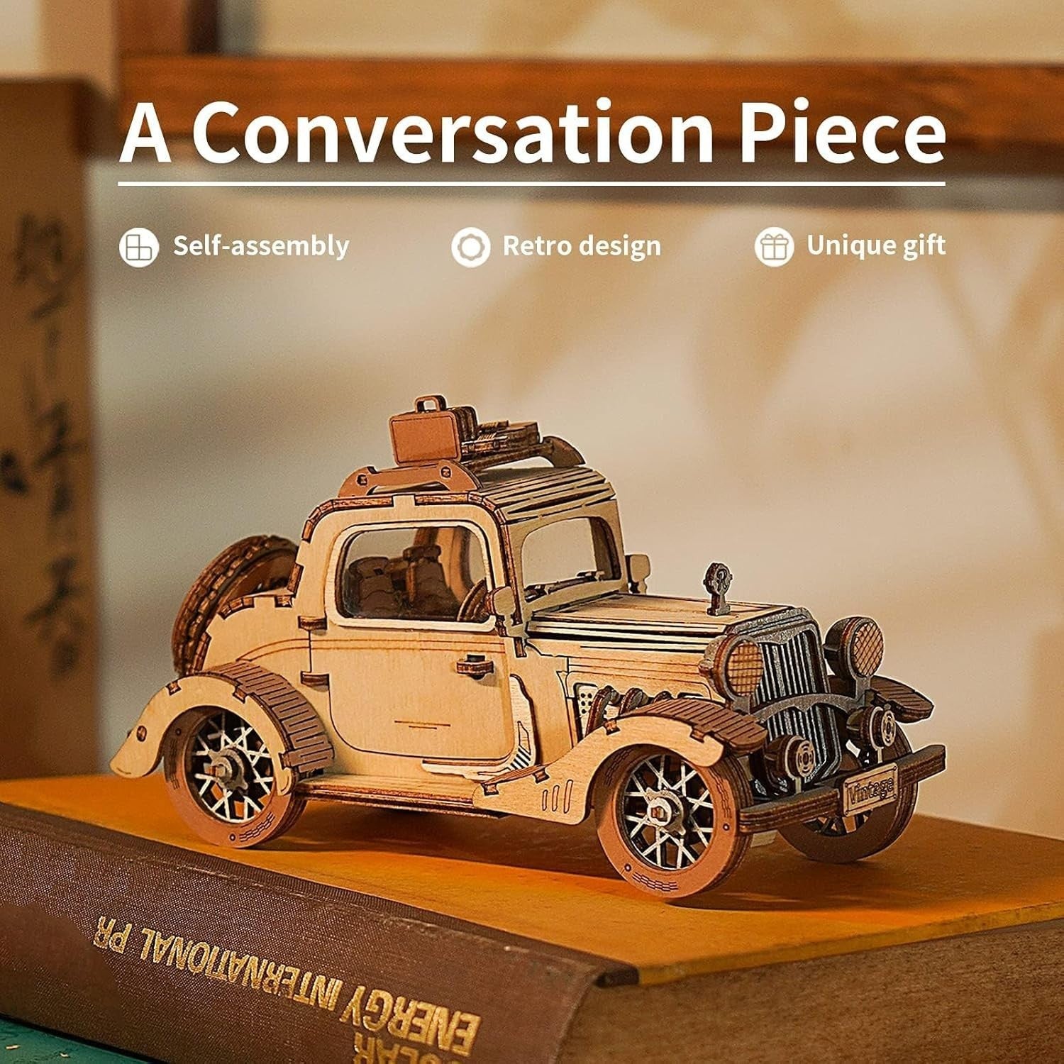 3D Wooden Vintage Car Puzzle Model Kit with Moving Parts & Display
