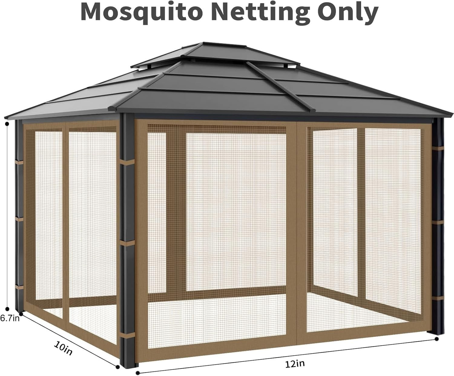 10x12ft Brown Gazebo Mosquito Netting 4 Panels Zipper Sidewalls Outdoor