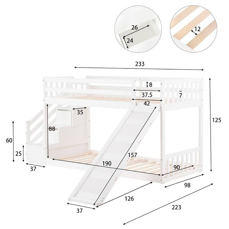 Kids Bunk Bed with Slide & Stairs White Pine Frame Storage Drawers 90x190cm