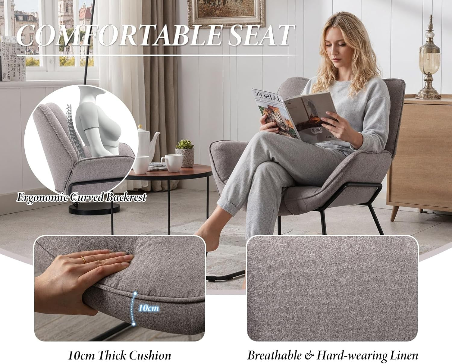 Grey Linen Accent Tub Chair Metal Legs Modern Armchair