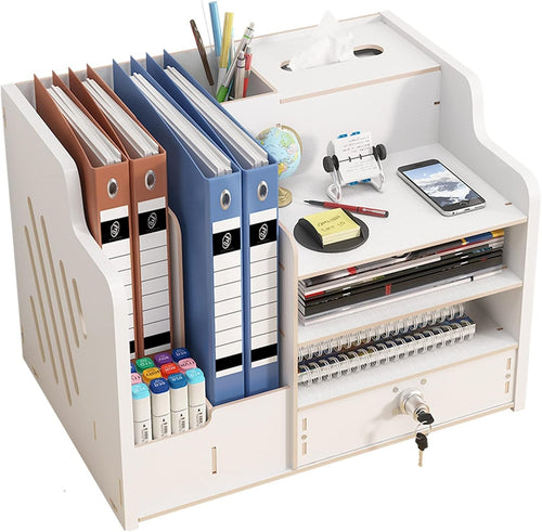 White Desk Organiser with Drawer 9-Compartment Desktop Storage