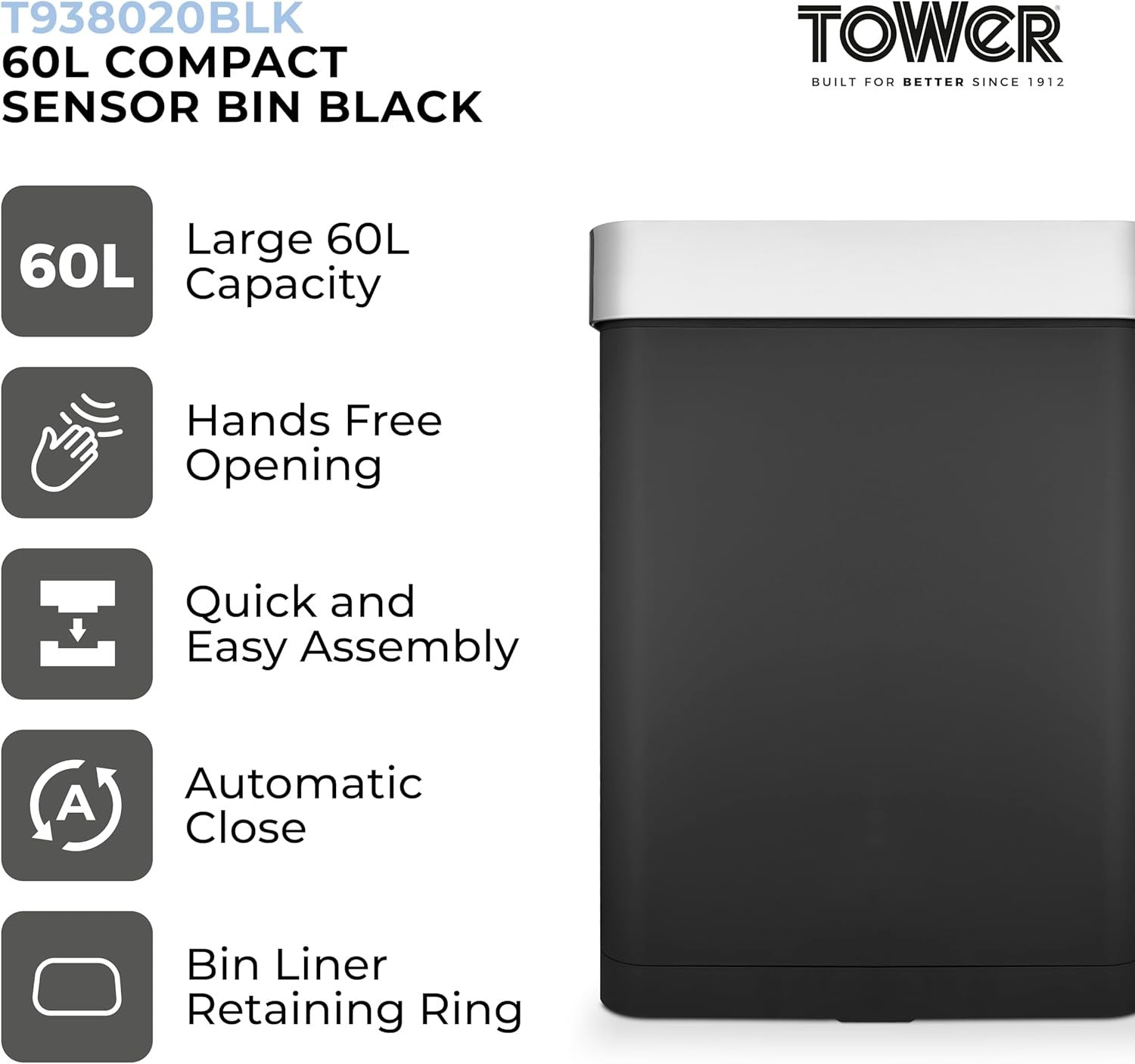 60L Touchless Kitchen Bin | Automatic Sensor Trash Can Black