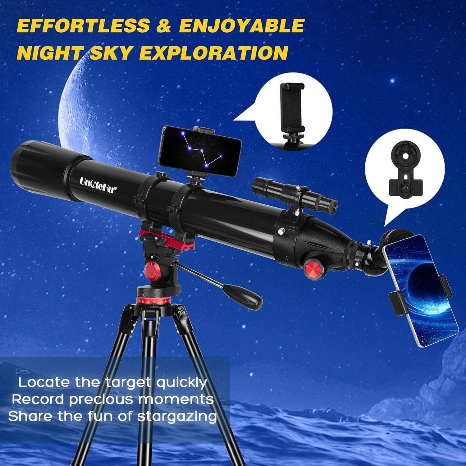 90mm Aperture 900mm Refractor Telescope with Phone Adapter & Tripod – Black-2
