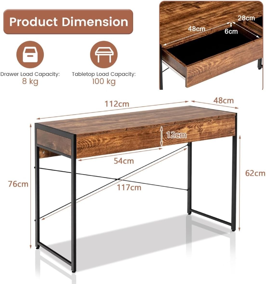 Rustic Brown Industrial Computer Desk with Drawers & Metal Frame