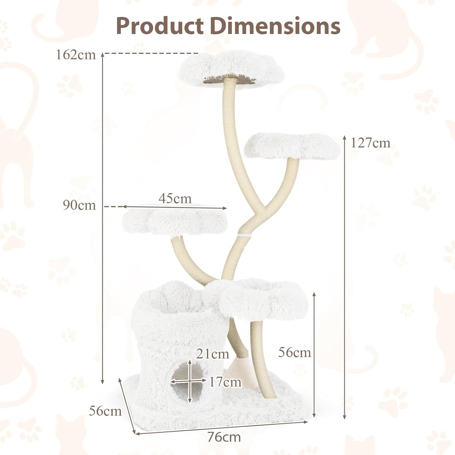 162cm White Cat Tree Flower Platforms Condo Sisal Scratching Tower Indoor