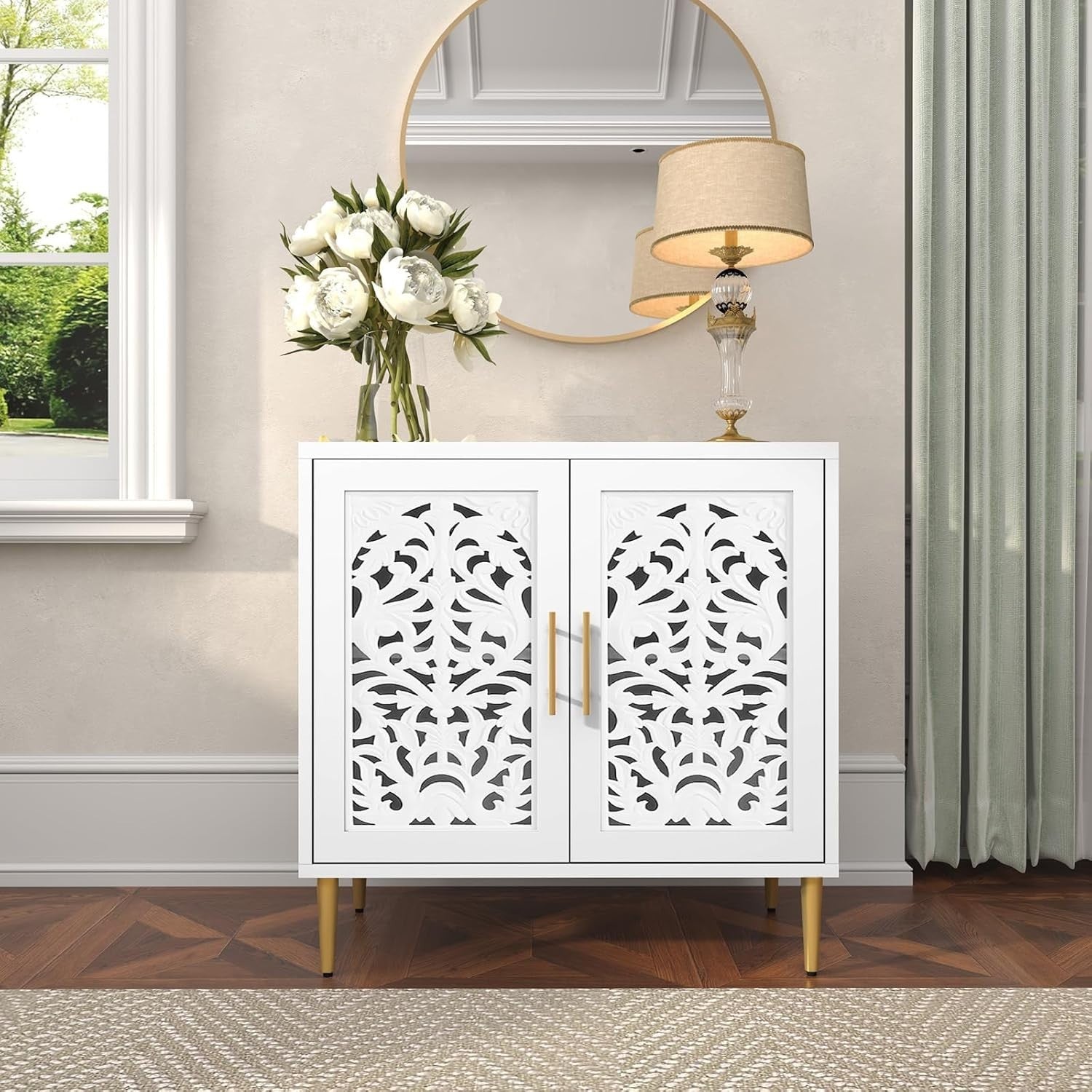 White Vintage Sideboard Cabinet 2 Door Carved Storage Unit Hallway Accent