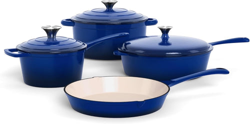 7Pcs Blue Enamelled Cast Iron Cookware Set Non Stick Dutch Oven with Lids