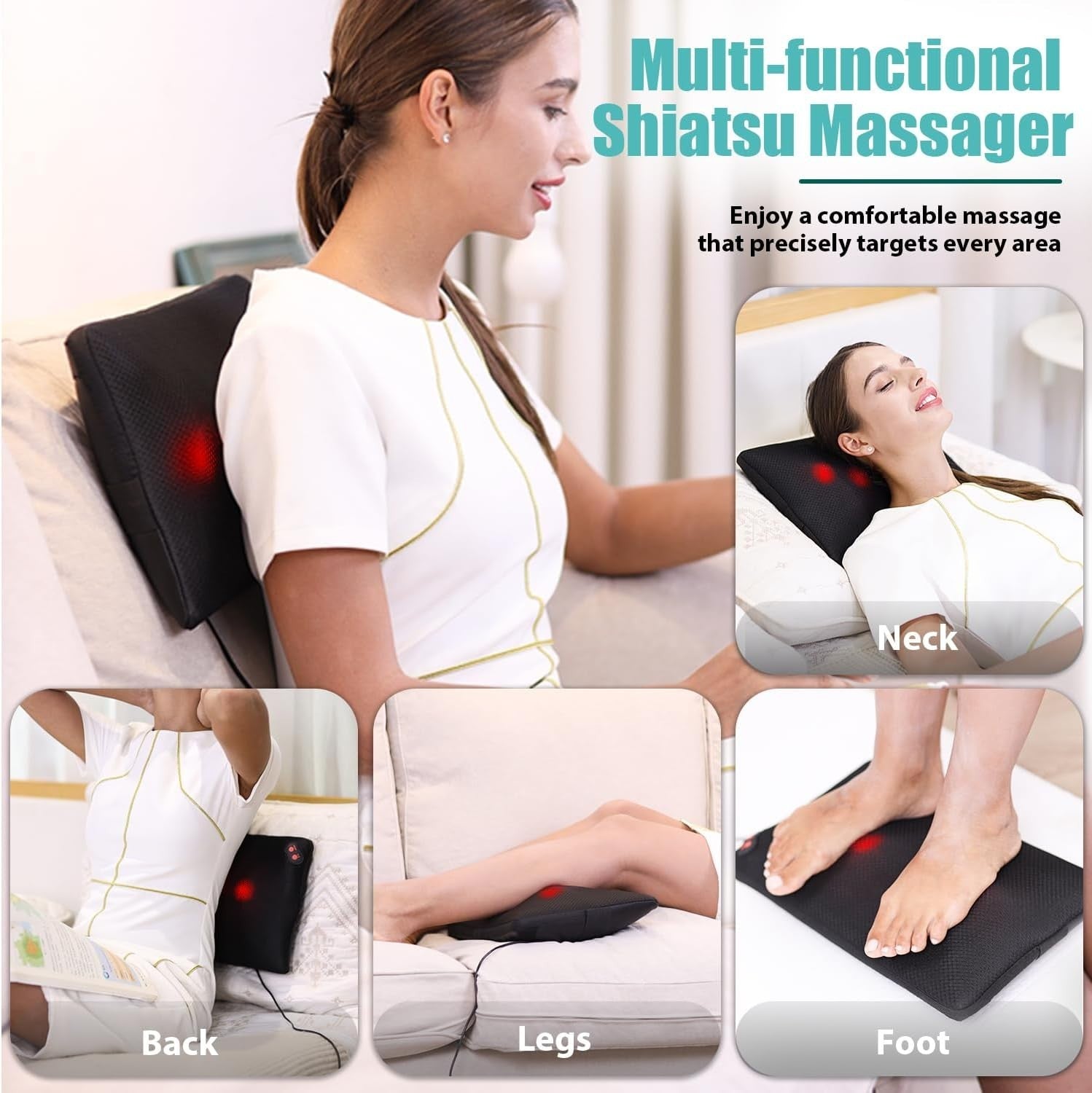 Shiatsu Back & Neck Massager Pillow with Heat Deep Tissue Kneading Relief