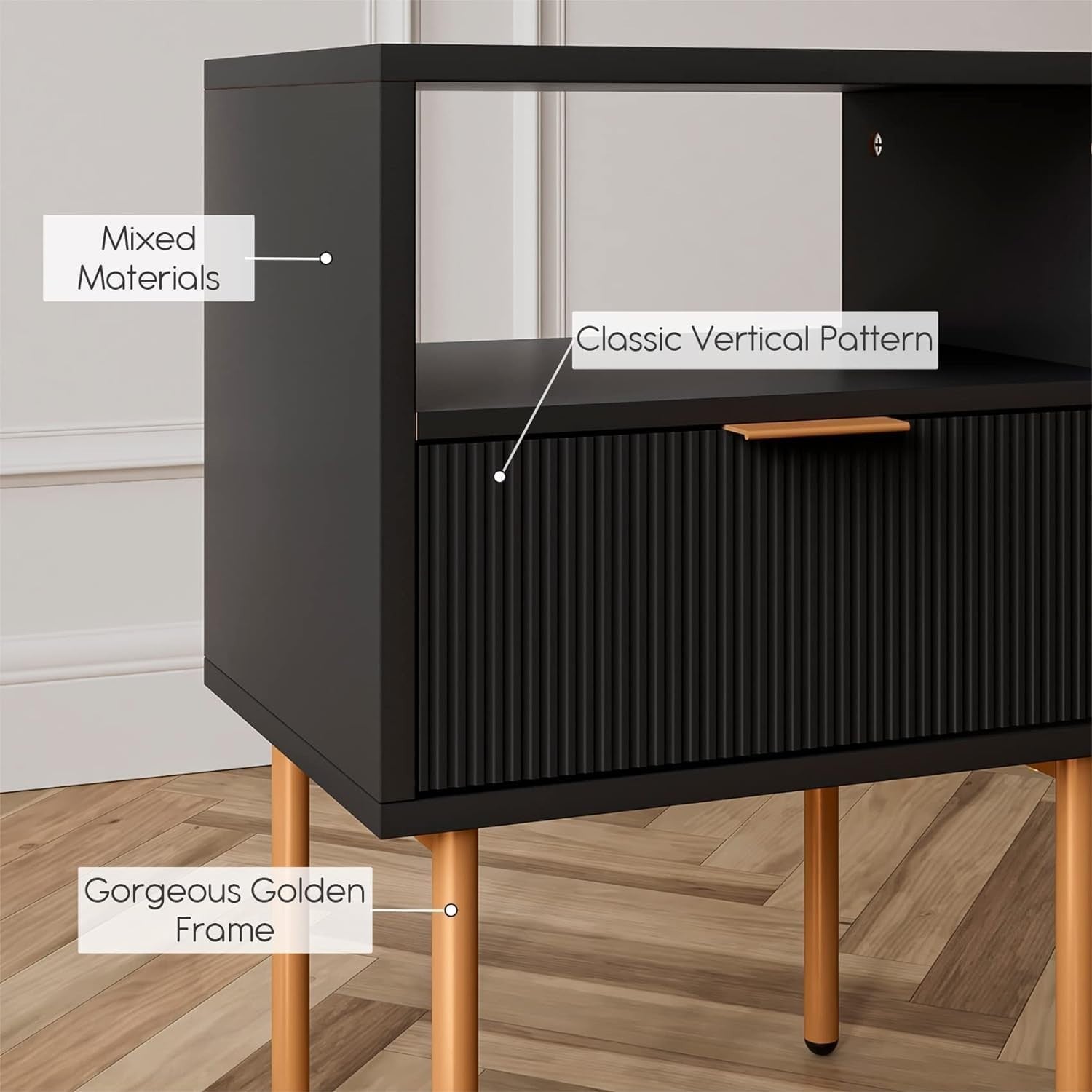 Modern Black Bedside Table with Gold Legs | 1 Drawer Nightstand with Shelf