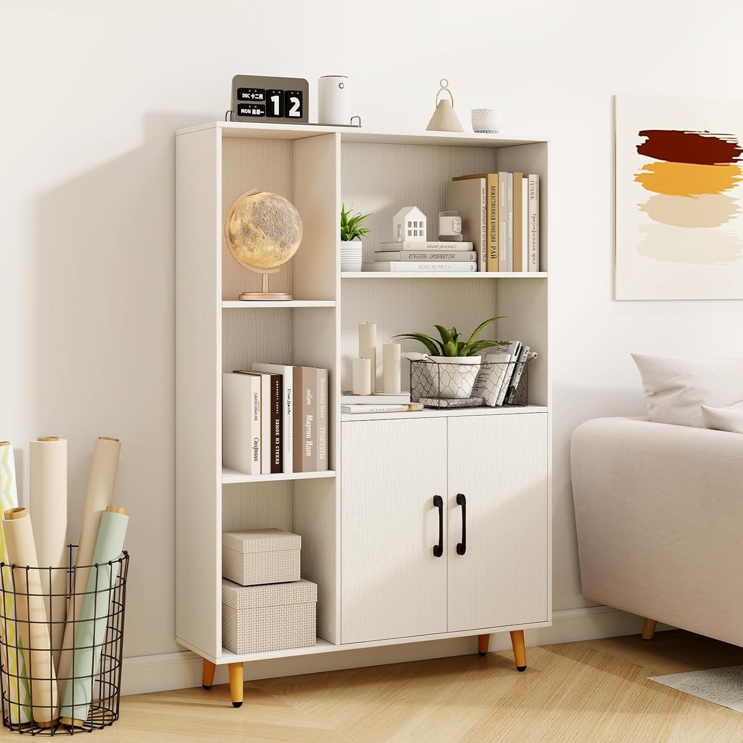 Modern Tall Storage Bookcase with Doors & Open Shelves 80x23x119cm White