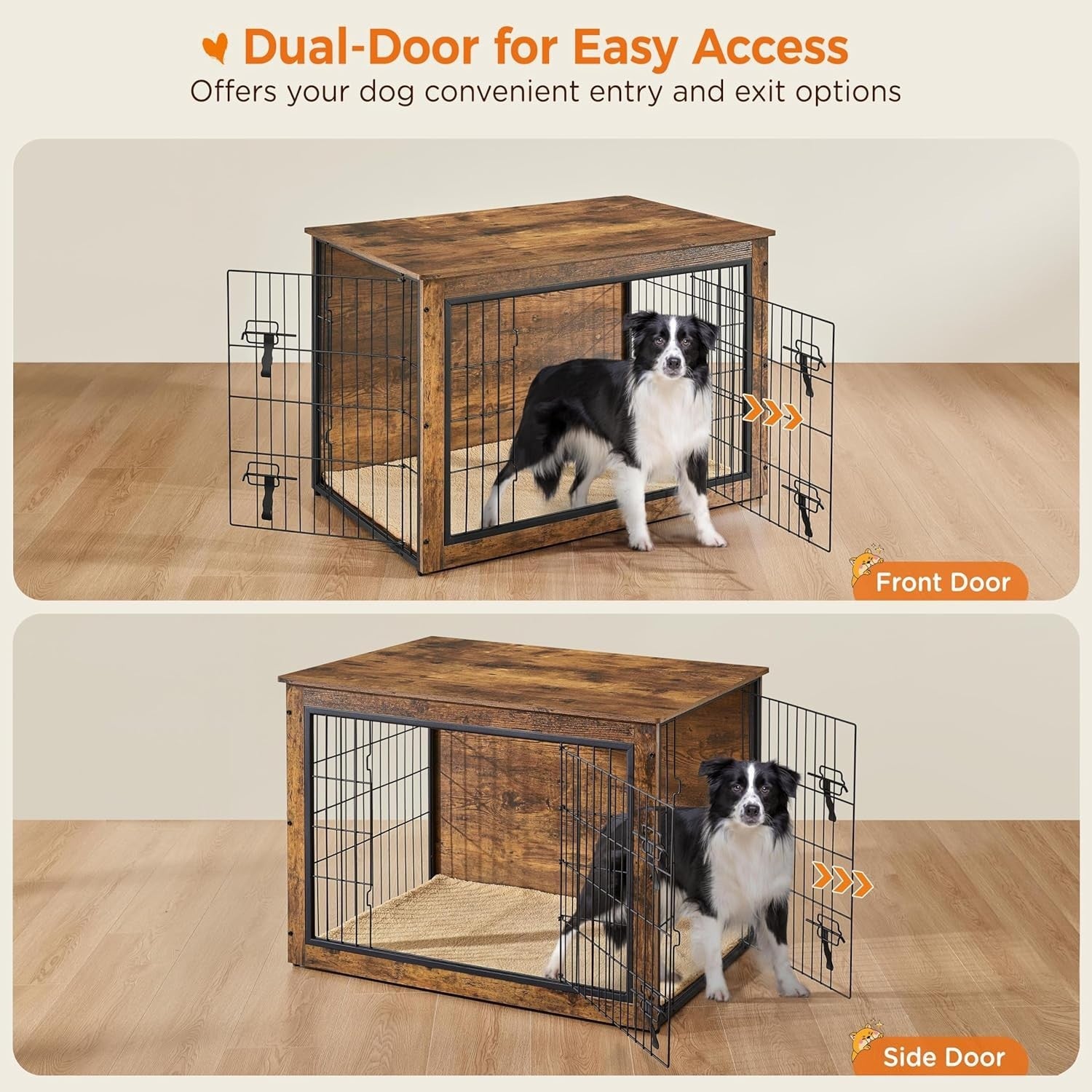 Rustic Brown Medium Dog Crate Furniture with Cushion & Double Doors 96x65x67.5cm