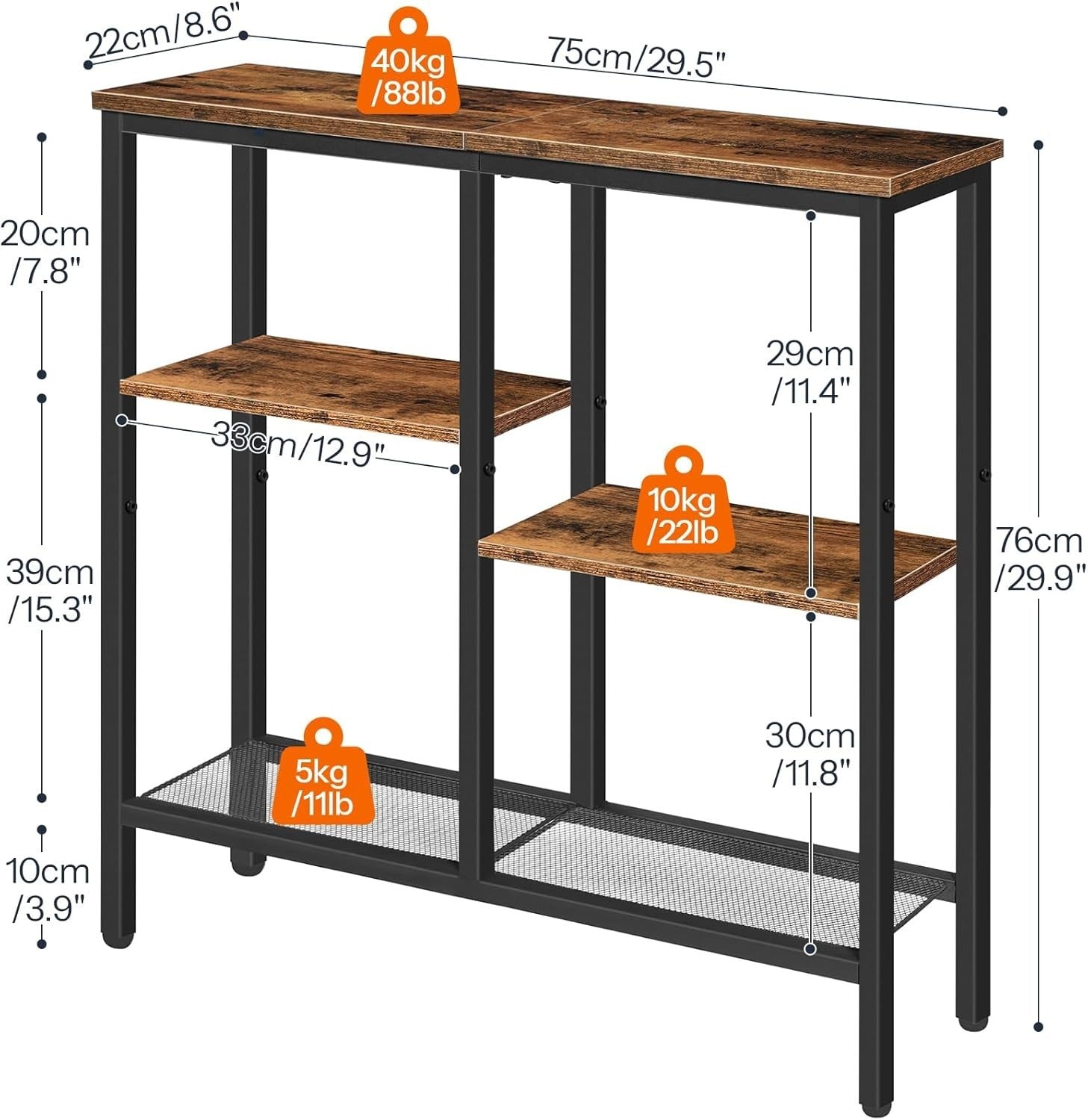 Slim Console Table with 4-Tier Storage Shelves, Industrial Style, Compact