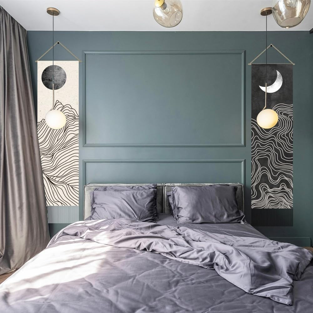 Boho Sun Moon Tapestry 2pcs 45.7x13in Black White Wall Hanging