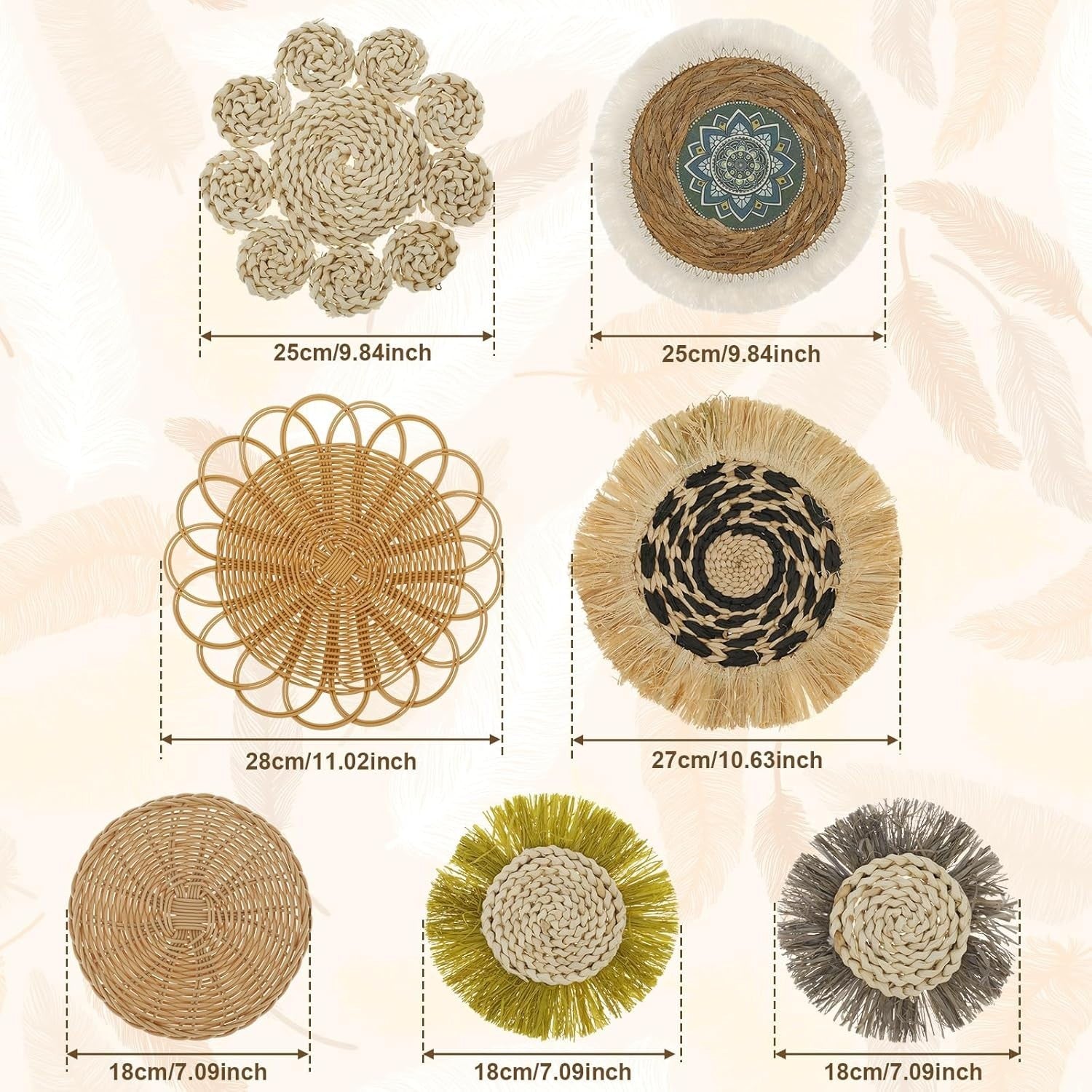 7 Pcs Boho Woven Wall Baskets Handmade Rattan Decor 4 Sizes
