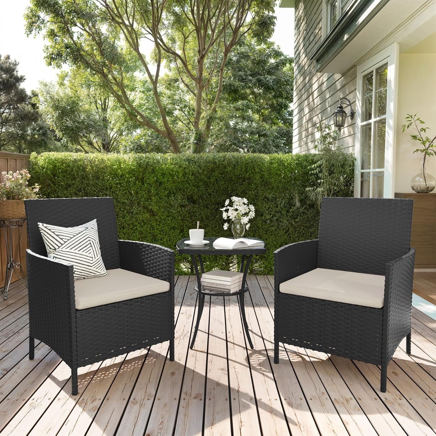 Black 3-Piece Rattan Garden Bistro Set Patio Chairs Table Outdoor Furniture