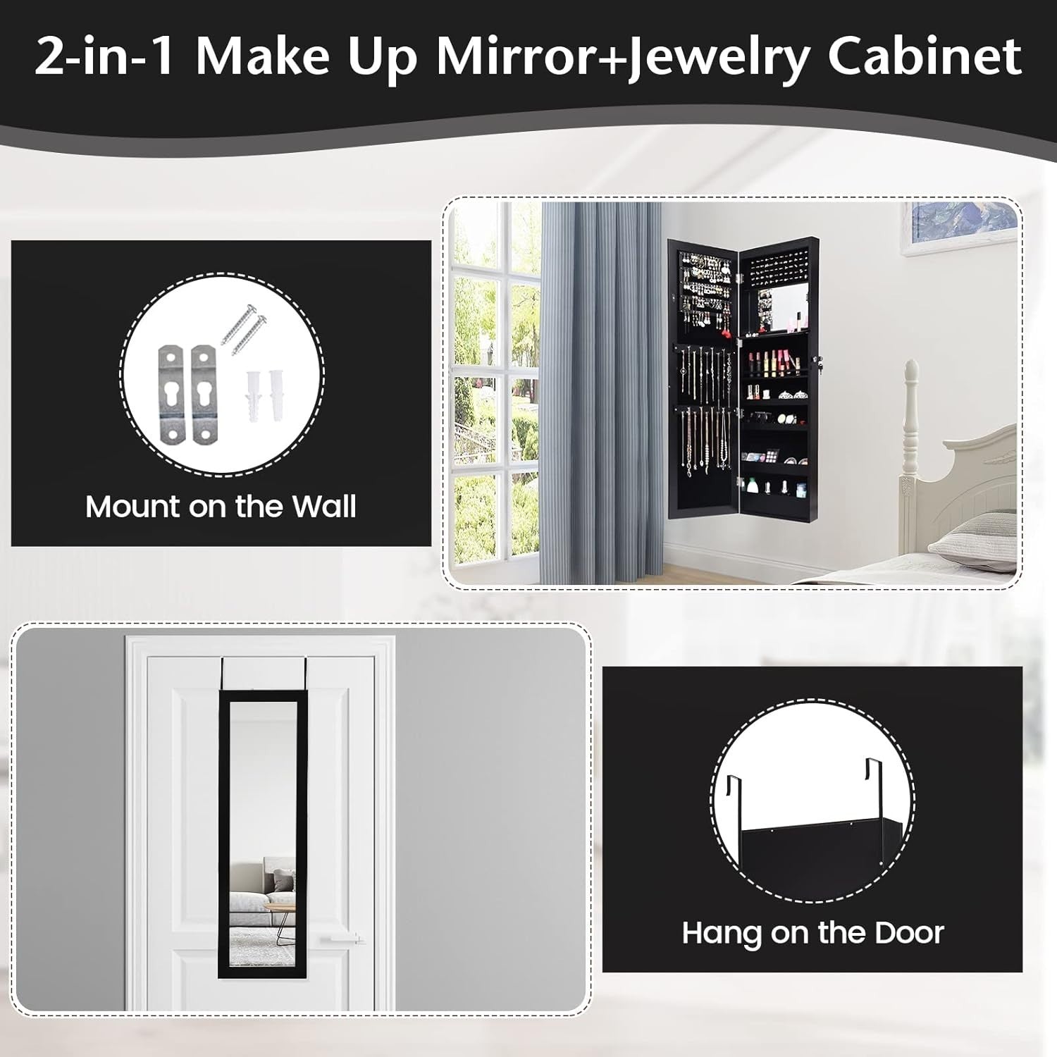 Black LED Wall Mounted Jewelry Cabinet Mirror Lockable Slim Organizer