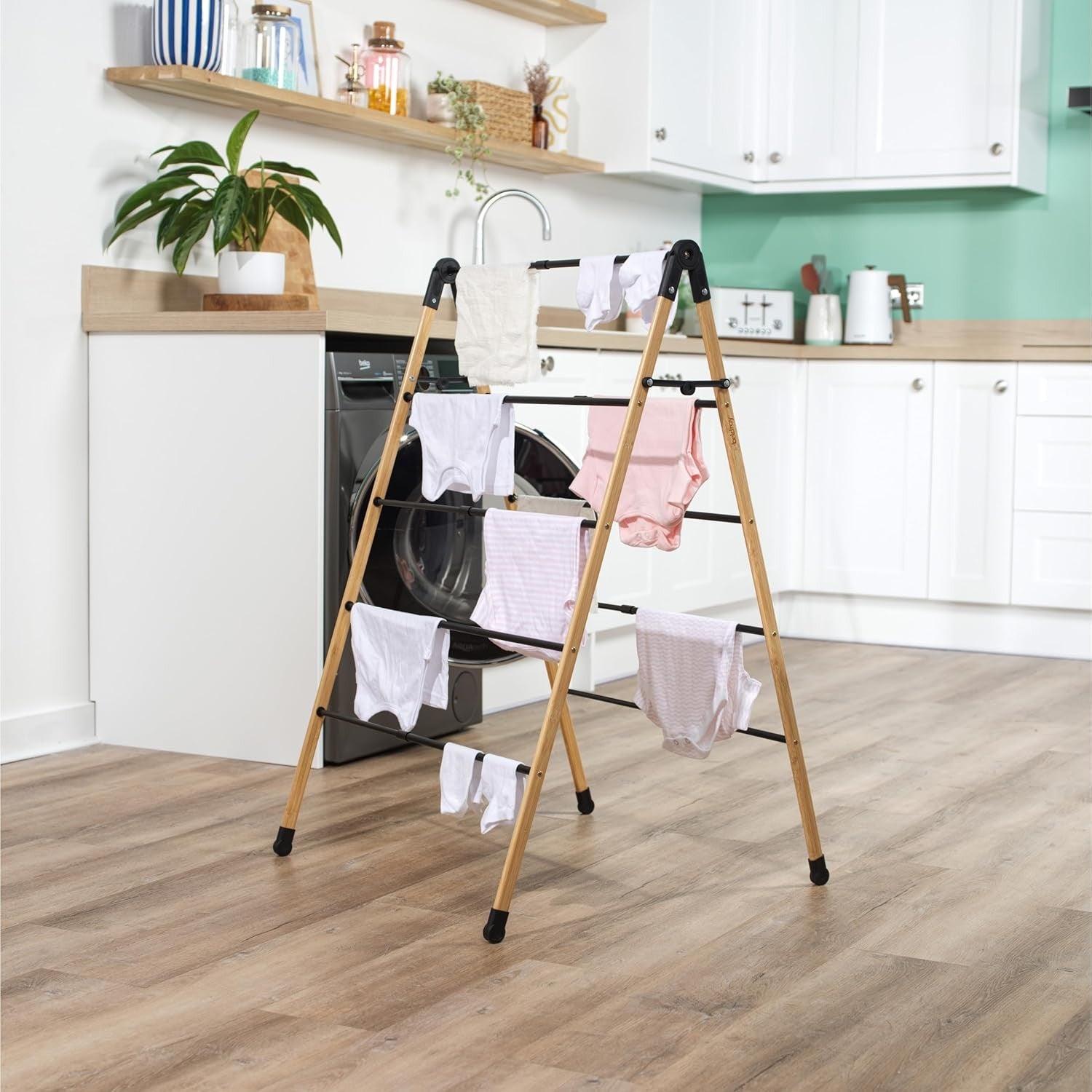 4 Level Bamboo Laundry Airer Folding Ladder Clothes Dryer Compact Indoor